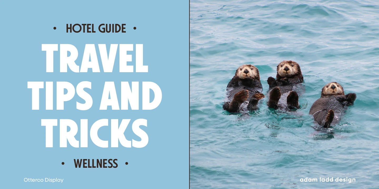 Otterco font by Adam Ladd Design — the words “HOTEL GUIDE”, “TRAVEL TIPS AND TRICKS”, and “WELLNESS” in upright sans serif, with three sea otters floating on their backs in blue water