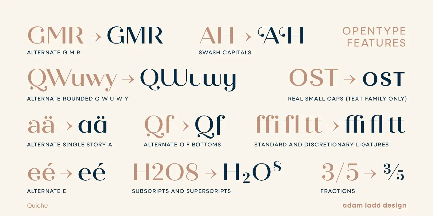 Quiche font by Adam Ladd Design — a grid of text examples showing OpenType features, including alternate letters, ligatures, subscripts, superscripts, and fractions, all in a high-contrast sans-serif style.