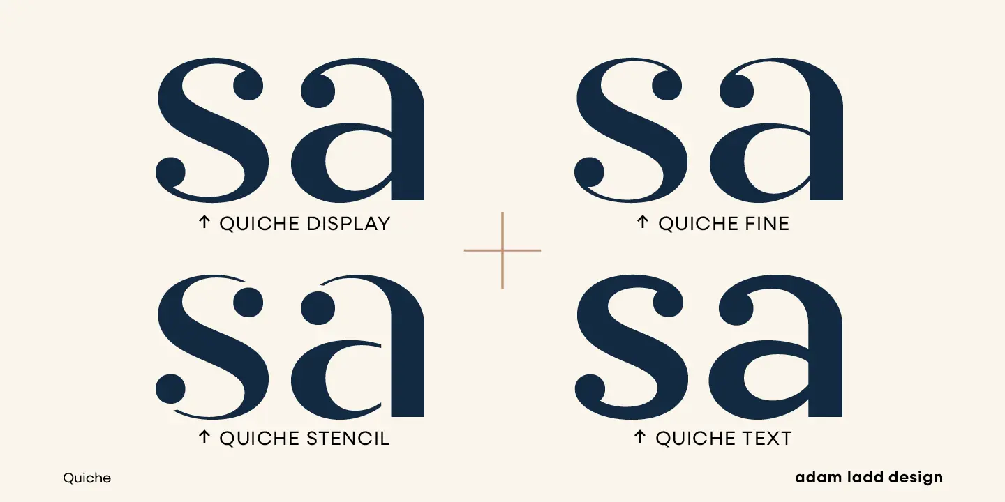 Quiche font by Adam Ladd Design — the letters S and A in four variations, with a plus sign in the middle