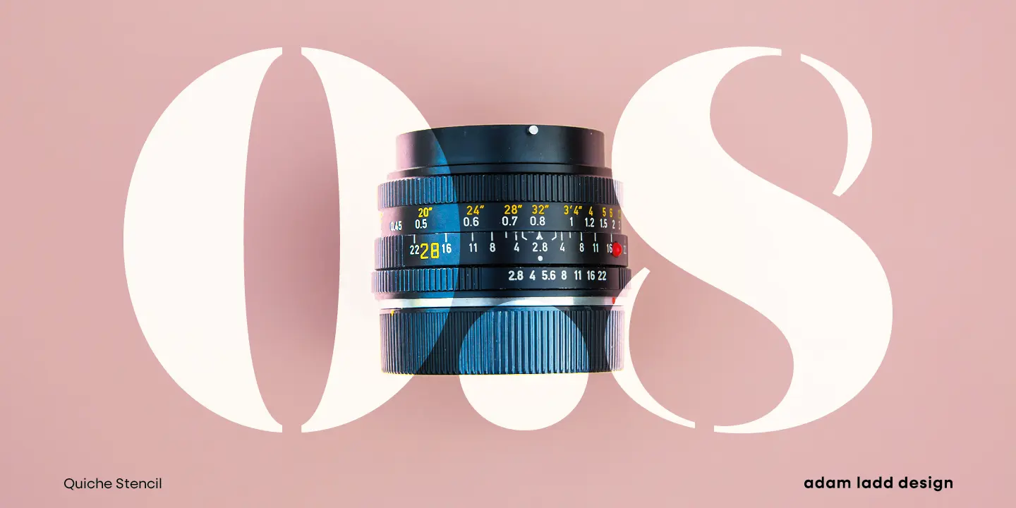 Quiche font by Adam Ladd Design — the letters O and S in a stencil sans-serif, overlaid by a camera lens