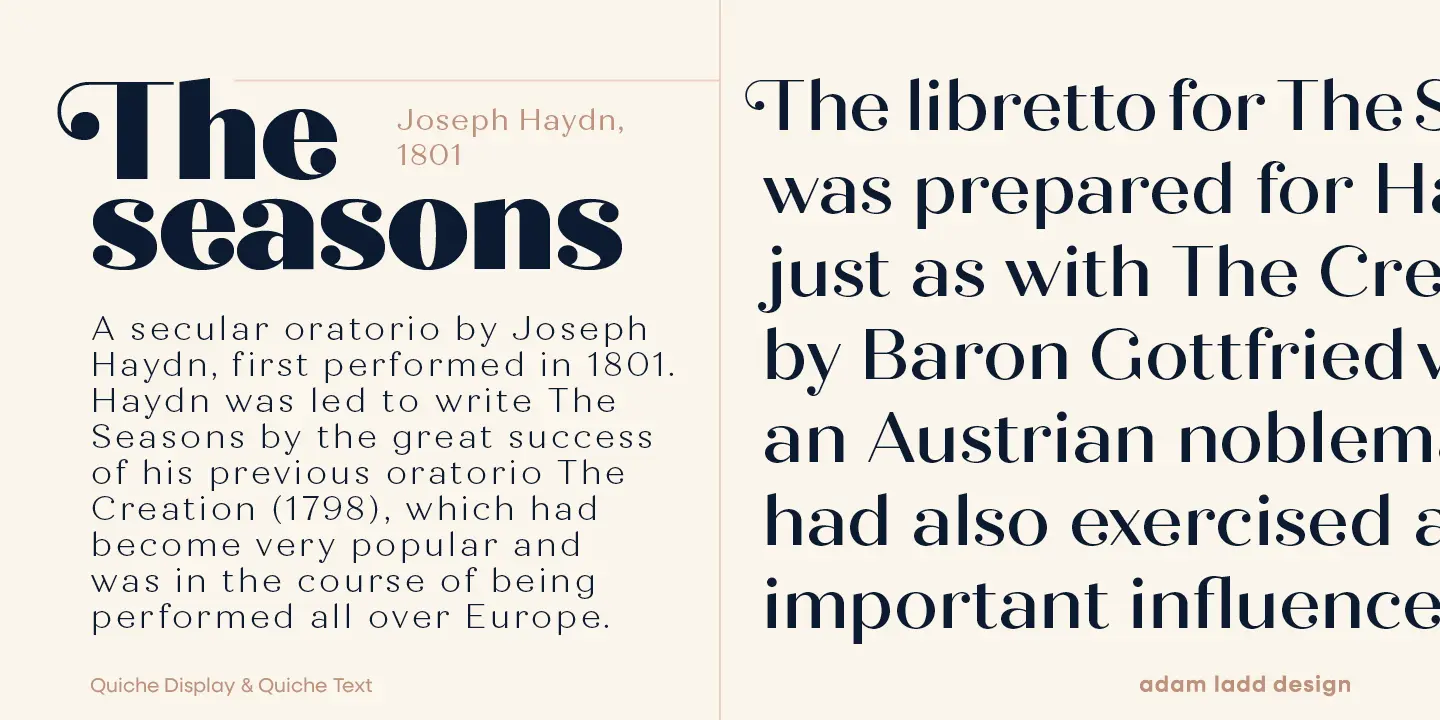 Quiche font by Adam Ladd Design — the words “The seasons” in large, bold, high-contrast sans-serif with ball terminals, and smaller text in a lighter weight sans-serif.