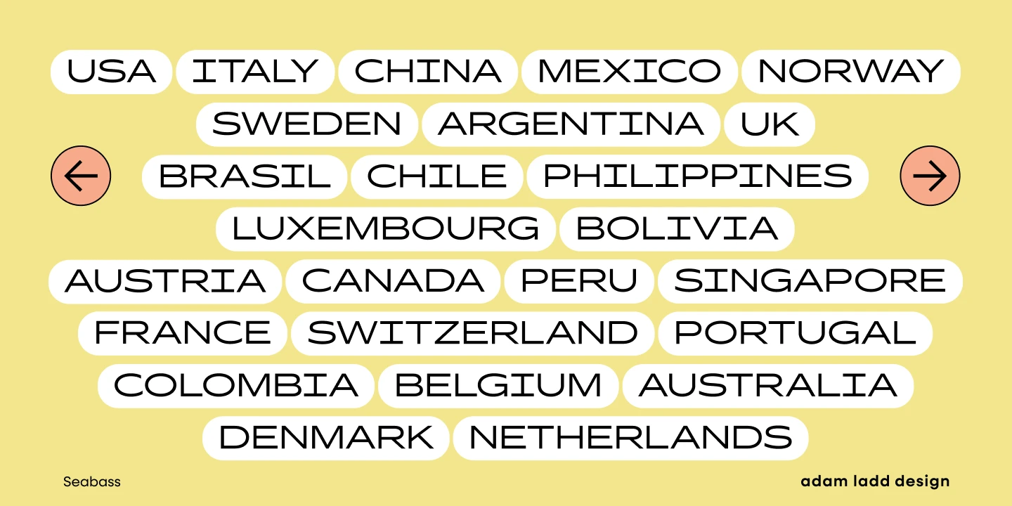 Seabass font by Adam Ladd Design — a grid of country names in all caps sans serif, each in a rounded white text bubble, with left and right arrow icons in circles.