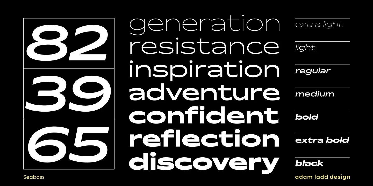 Seabass font by Adam Ladd Design — the numbers 82, 39, and 65 in a sans serif, and a list of words in sans serif from thin to bold: generation, resistance, inspiration, adventure, confident, reflection, and discovery.