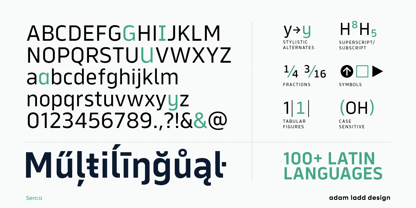Serca font by Adam Ladd Design — a sans-serif alphabet, numbers, and symbols, with some letters and symbols highlighted in teal, and the word “Multilingual” in a heavy sans-serif weight.