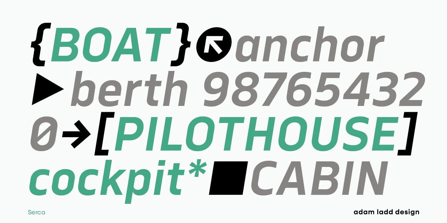 Serca font by Adam Ladd Design — the words “BOAT”, “anchor”, “berth”, the numbers “98765432”, “PILOTHOUSE”, “cockpit”, and “CABIN” in a mix of upright and italic sans-serif letters, with some words in green and others in gray, along with various symbols like braces, an upward arrow in a circle, a triangle, a slashed zero, an arrow, brackets, an asterisk, and a black square.