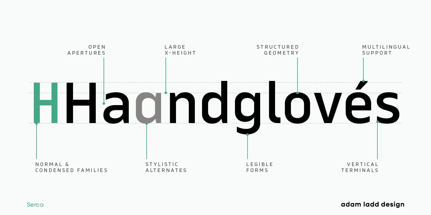 Serca font by Adam Ladd Design — the word “HHandgloves” with some letters in green, some in black, and some in gray, with green lines pointing to features like “OPEN APERTURES” and “LARGE X-HEIGHT.”