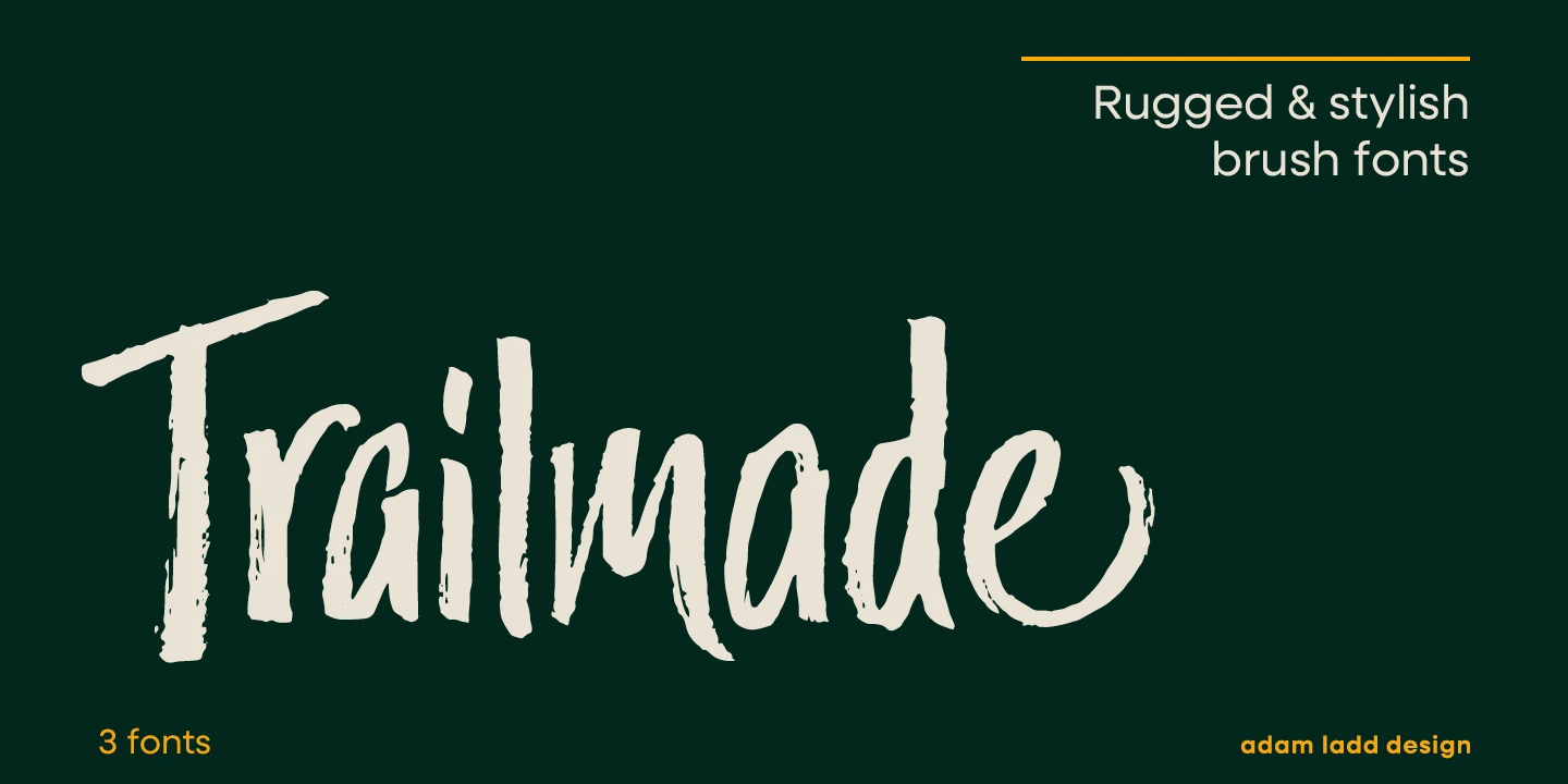 Trailmade font by Adam Ladd Design — the word “Trailmade” in a rugged, upright brush script, with the words “Rugged & stylish brush fonts” and “3 fonts” in a sans-serif, and a thin orange line above the descriptive text.