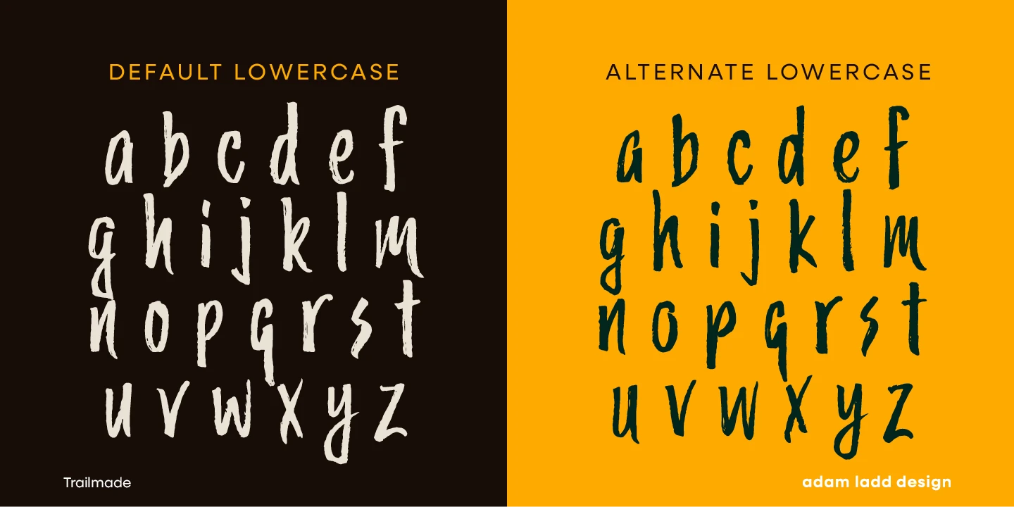 Trailmade font by Adam Ladd Design — the lowercase alphabet shown twice in a brush script, with the default set on the left and an alternate set on the right