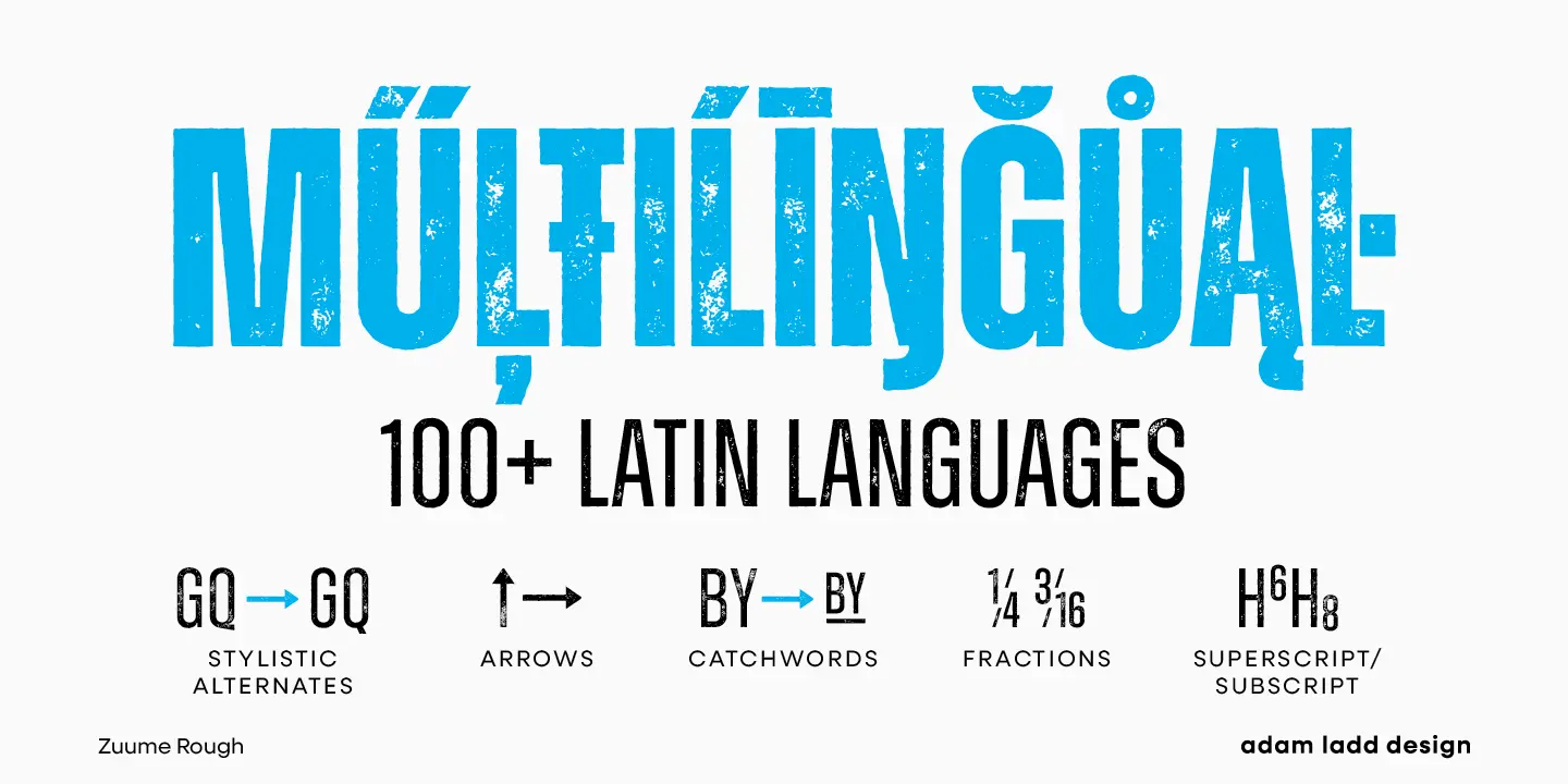 Zuume Rough font by Adam Ladd Design — the word “MULTILINGUAL” in distressed blue condensed sans-serif letters, with “100+ LATIN LANGUAGES” below it, and five examples of typographic features below that