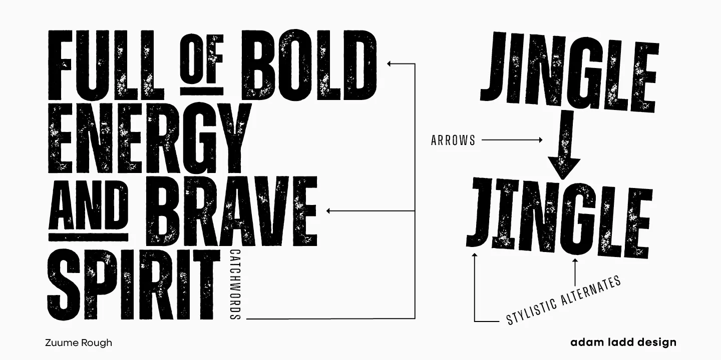 Zuume Rough font by Adam Ladd Design — the words “FULL OF BOLD ENERGY AND BRAVE SPIRIT” in a textured, condensed sans-serif, and the word “JINGLE” repeated twice in textured, oblique sans-serif, with arrows and labels indicating “ARROWS” and “STYLISTIC ALTERNATES”