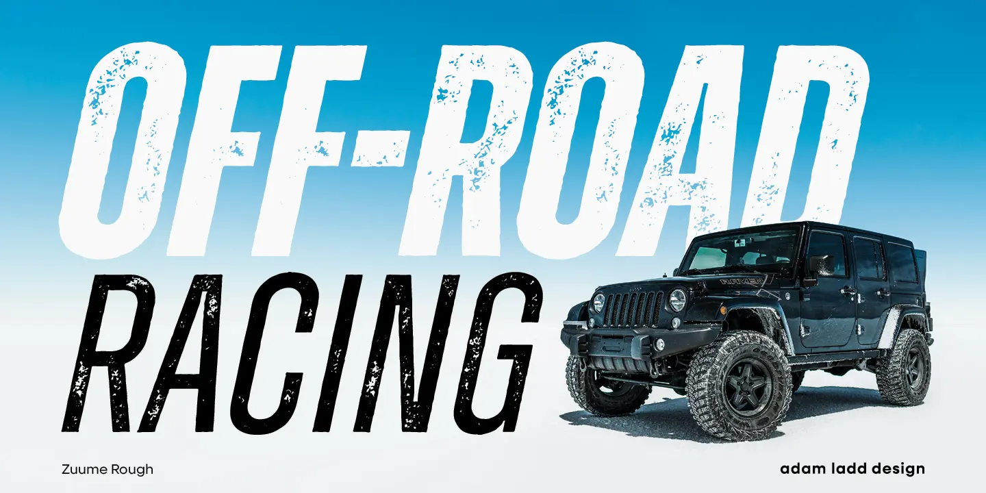 Zuume Rough font by Adam Ladd Design — the words “OFF-ROAD” in distressed upright sans-serif letters and “RACING” in distressed italic sans-serif letters, with a black Jeep in the background