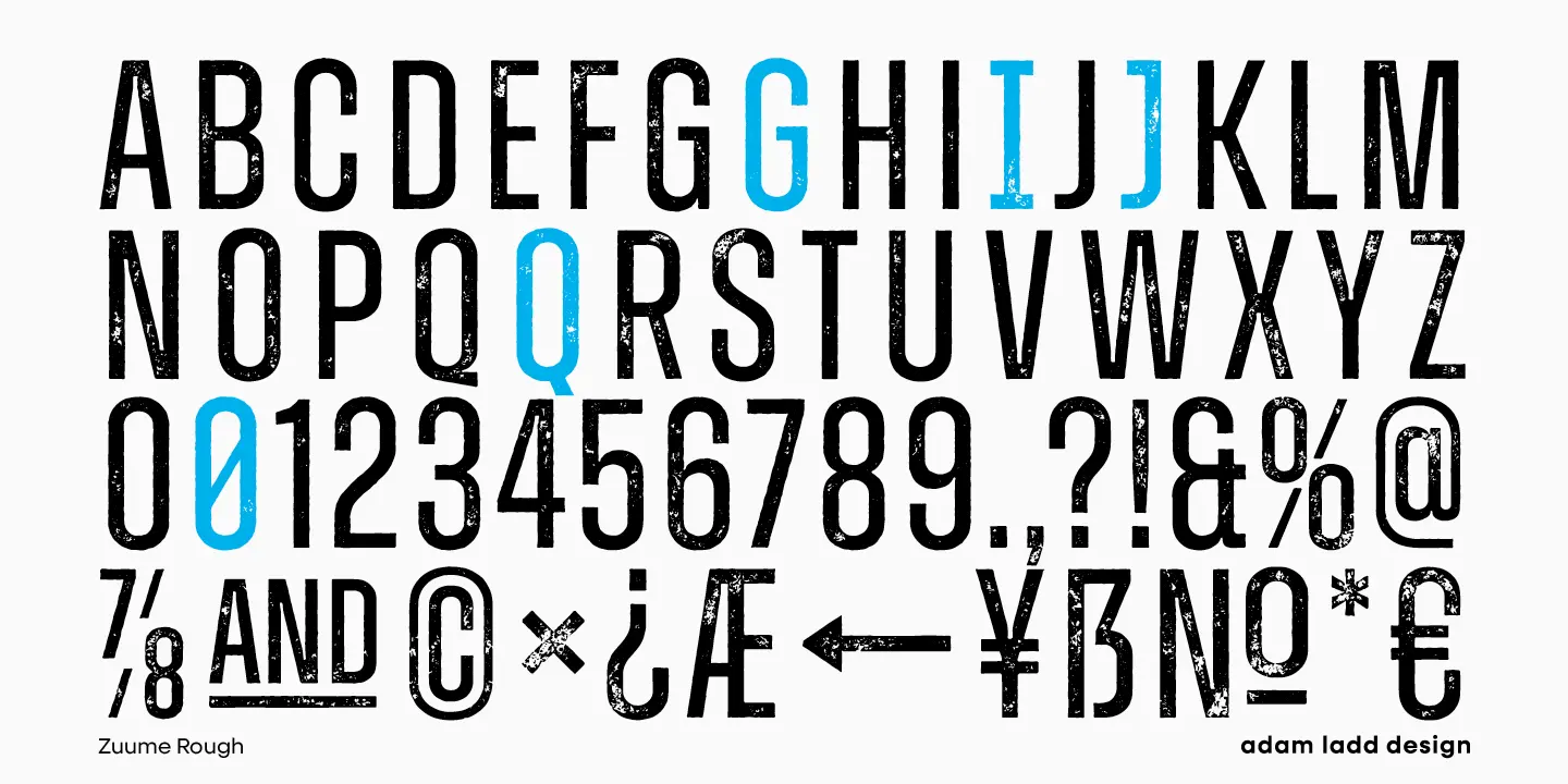 Zuume Rough font by Adam Ladd Design — a character set showing upright condensed sans-serif letters, numbers, and symbols with a rough, textured appearance, with the letters G, I, J, Q and the number 0 highlighted in blue