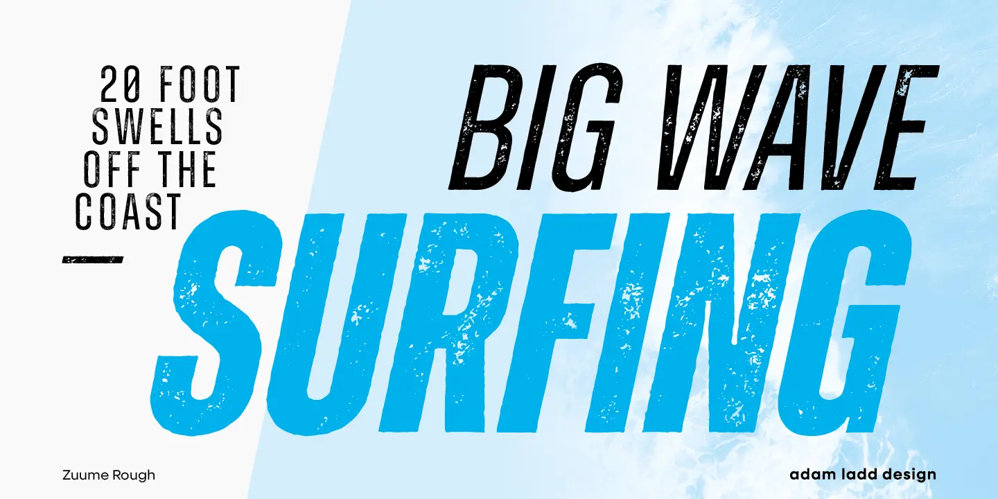 Zuume Rough font by Adam Ladd Design — the words “BIG WAVE” in black and “SURFING” in blue, all in textured, condensed, sans-serif upright letters, with “20 FOOT SWELLS OFF THE COAST” in smaller textured black letters to the left.