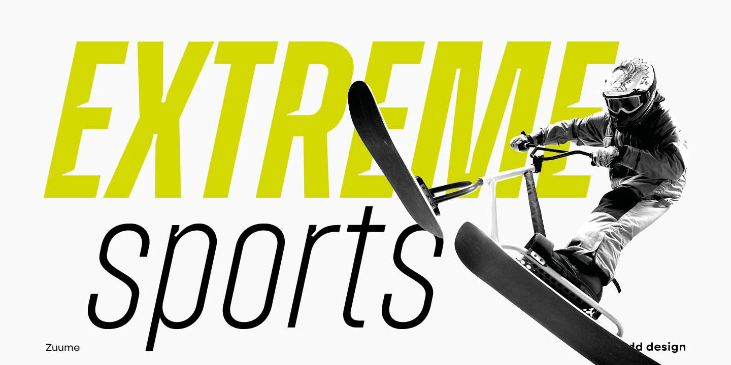 Zuume font by Adam Ladd Design — the word “EXTREME” in bright yellow sans-serif capitals with sliced segments, and the word “sports” in black italic sans-serif letters, overlaid on a black-and-white image of a person on a snow bike