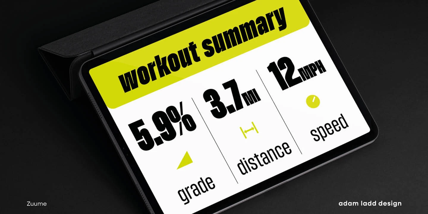 Zuume font by Adam Ladd Design — a tablet screen showing “workout summary” in italic sans serif, with “5.9% grade”, “3.7mi distance”, and “12mph speed” below, each with a small icon.