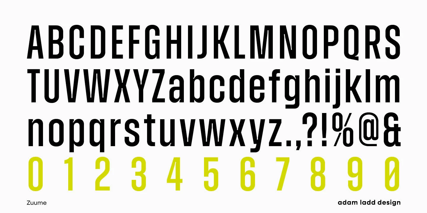 Zuume font by Adam Ladd Design — the upright sans serif alphabet in black, with punctuation and symbols, and the numbers 0 through 9 in lime green