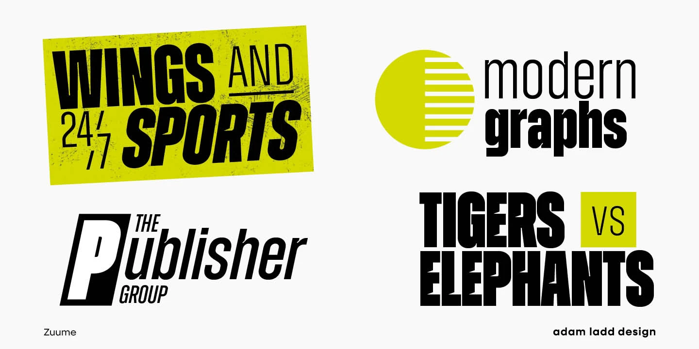 Zuume font by Adam Ladd Design — four distinct logos: ‘WINGS AND 24/7 SPORTS’ on a distressed yellow rectangle; a yellow circle with horizontal white bars next to ‘modern graphs’; ‘THE Publisher GROUP’ with a large P; and ‘TIGERS VS ELEPHANTS’ with ‘VS’ in a yellow box.