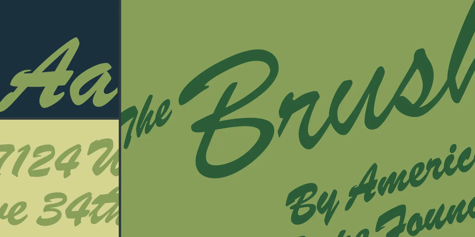 Brush font by American Type Founders Collection — a woman in an orange dress holding a giant red toothbrush, with the italic script words “Oh, Brush…” above her