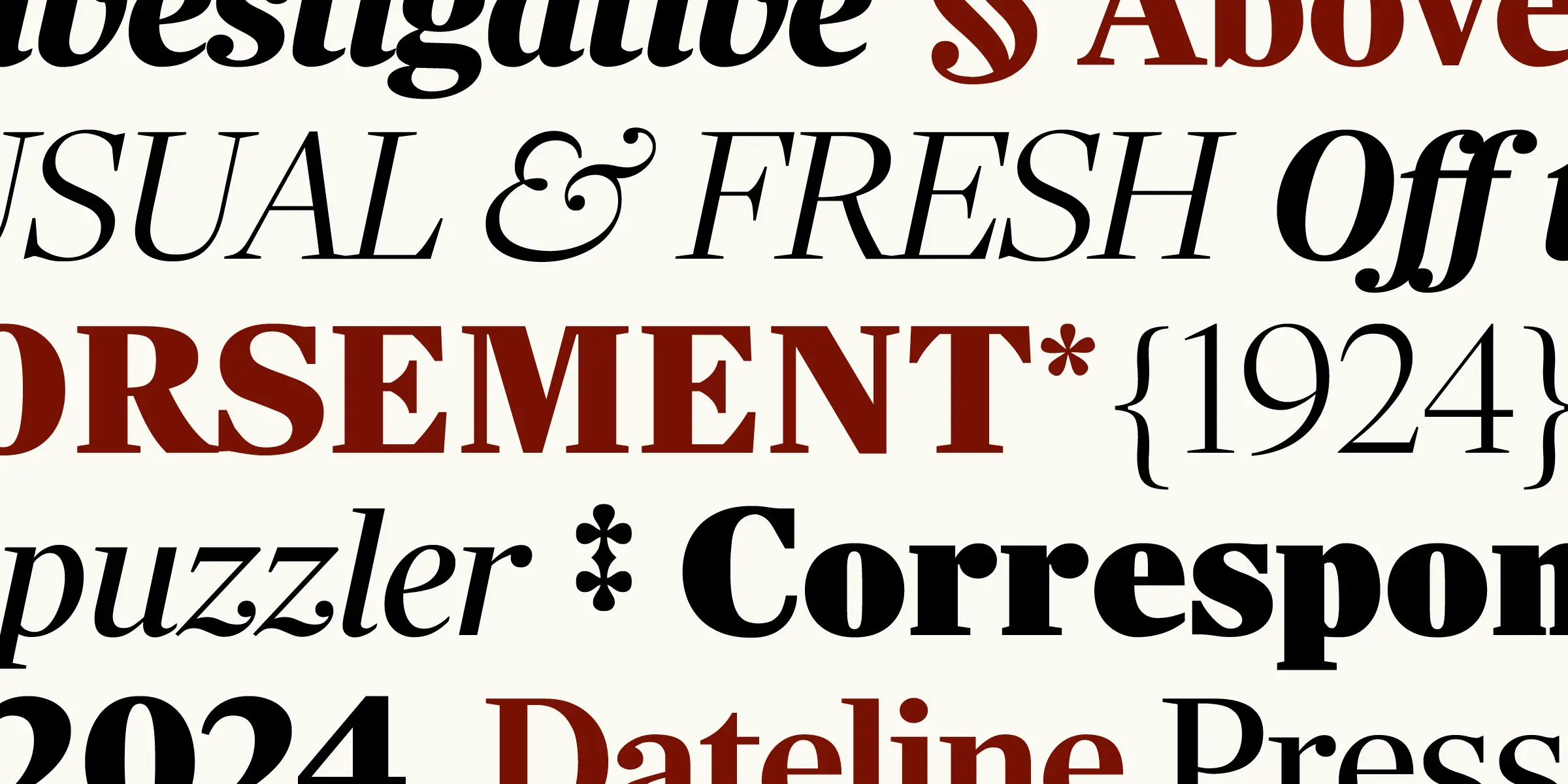 Richmond Display font by Carter & Cone — a grid of serif text in black and red, showing words like “Investigative”, “USUAL & FRESH”, “ENDORSEMENT”, “puzzler”, “Correspon”, and “Dateline Press”