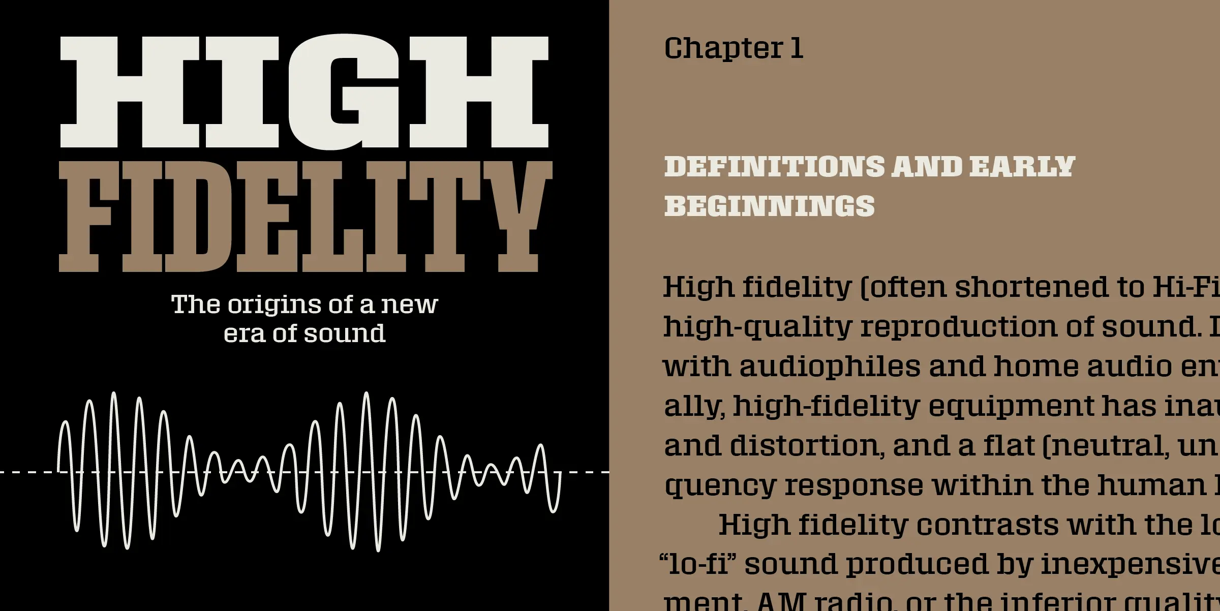 Roster font by Carter & Cone — the words “HIGH FIDELITY” in a heavy slab serif, with “HIGH” in cream and “FIDELITY” in brown, above a white sound wave graphic