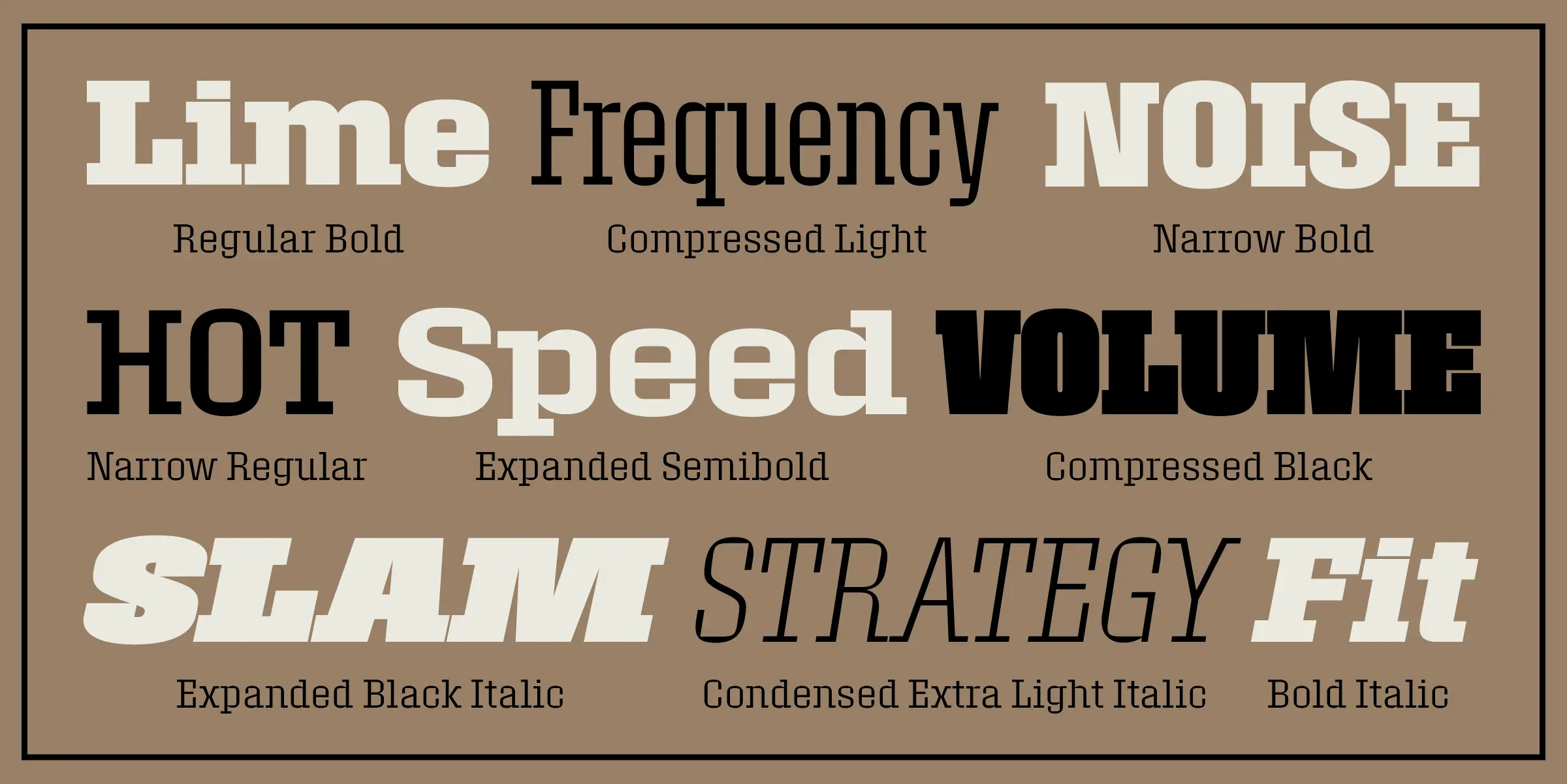 Roster font by Carter & Cone — the words “Lime Frequency NOISE”, “HOT Speed VOLUME”, and “SLAM STRATEGY Fit” in various upright and italic slab serif styles, each with a style name below it