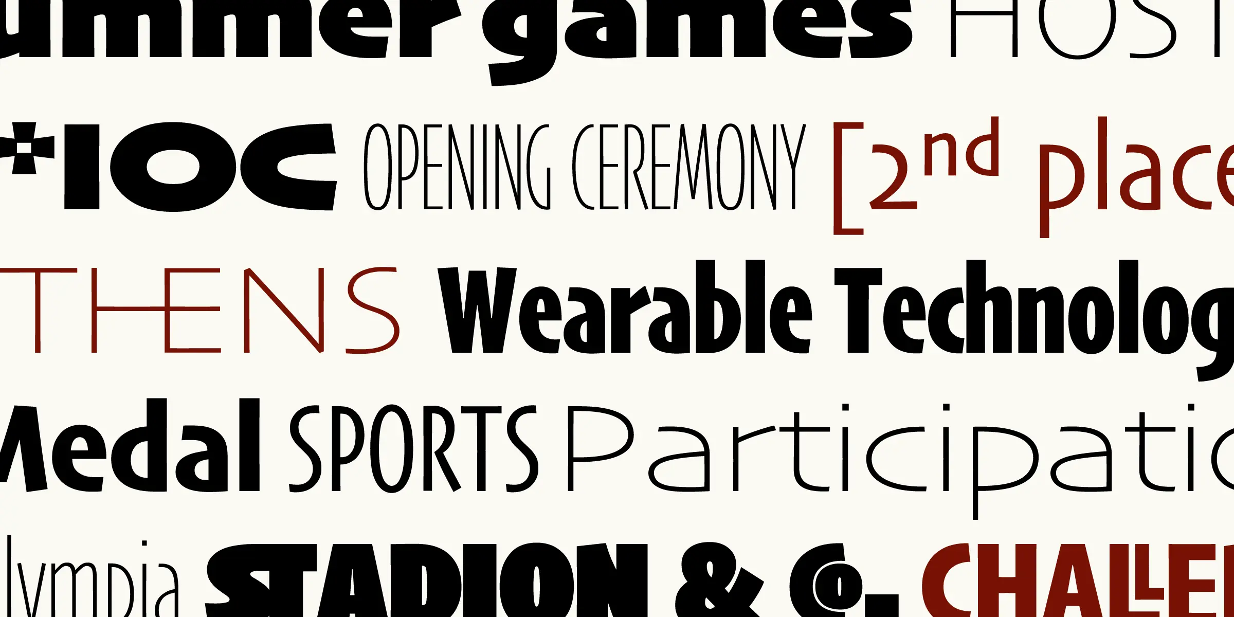 Skia CC font by Carter & Cone — a banner with words in various sans serif styles, including “summer games HOST”, "*IOC OPENING CEREMONY [2nd place”, “THENS Wearable Technolog”, “Medal SPORTS Participatio”, and “lympia STADION & C. CHALLE”