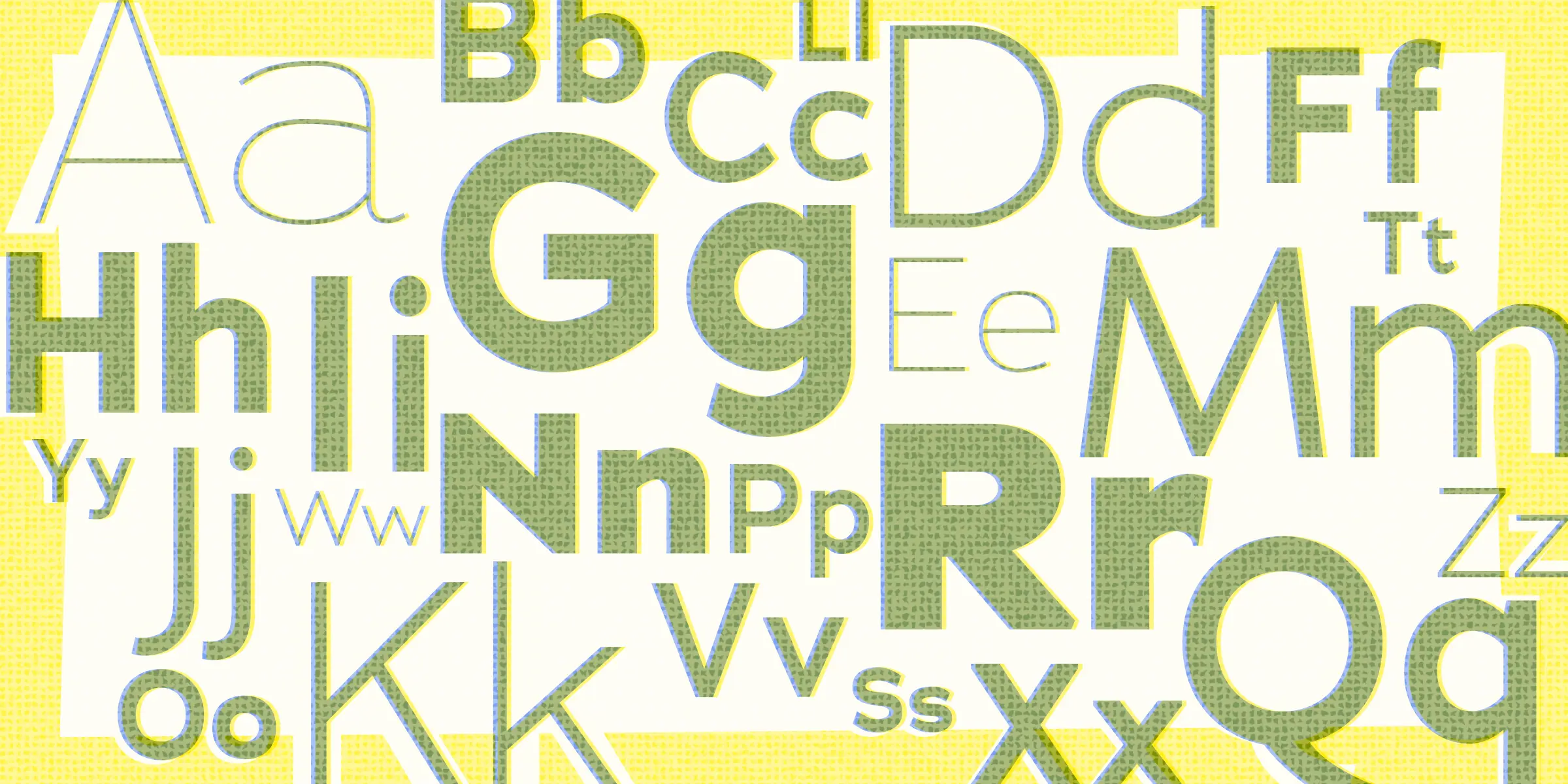 Adrianna font by Chank Co — a collage of sans-serif uppercase and lowercase letters, some outlined and some filled with a textured pattern