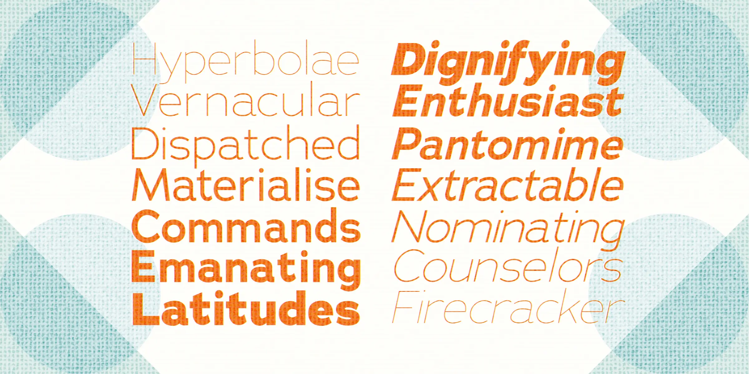 Adrianna font by Chank Co — two columns of sans-serif words, the left column alternating between thin and bold upright letters, and the right column alternating between bold and thin italic letters
