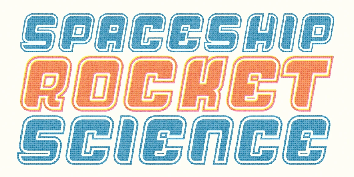 Alien Mushrooms font by Chank Co — the words SPACESHIP, ROCKET, and SCIENCE stacked in a retro, textured, oblique sans-serif typeface with multi-layered outlines in blue, orange, yellow, and pink