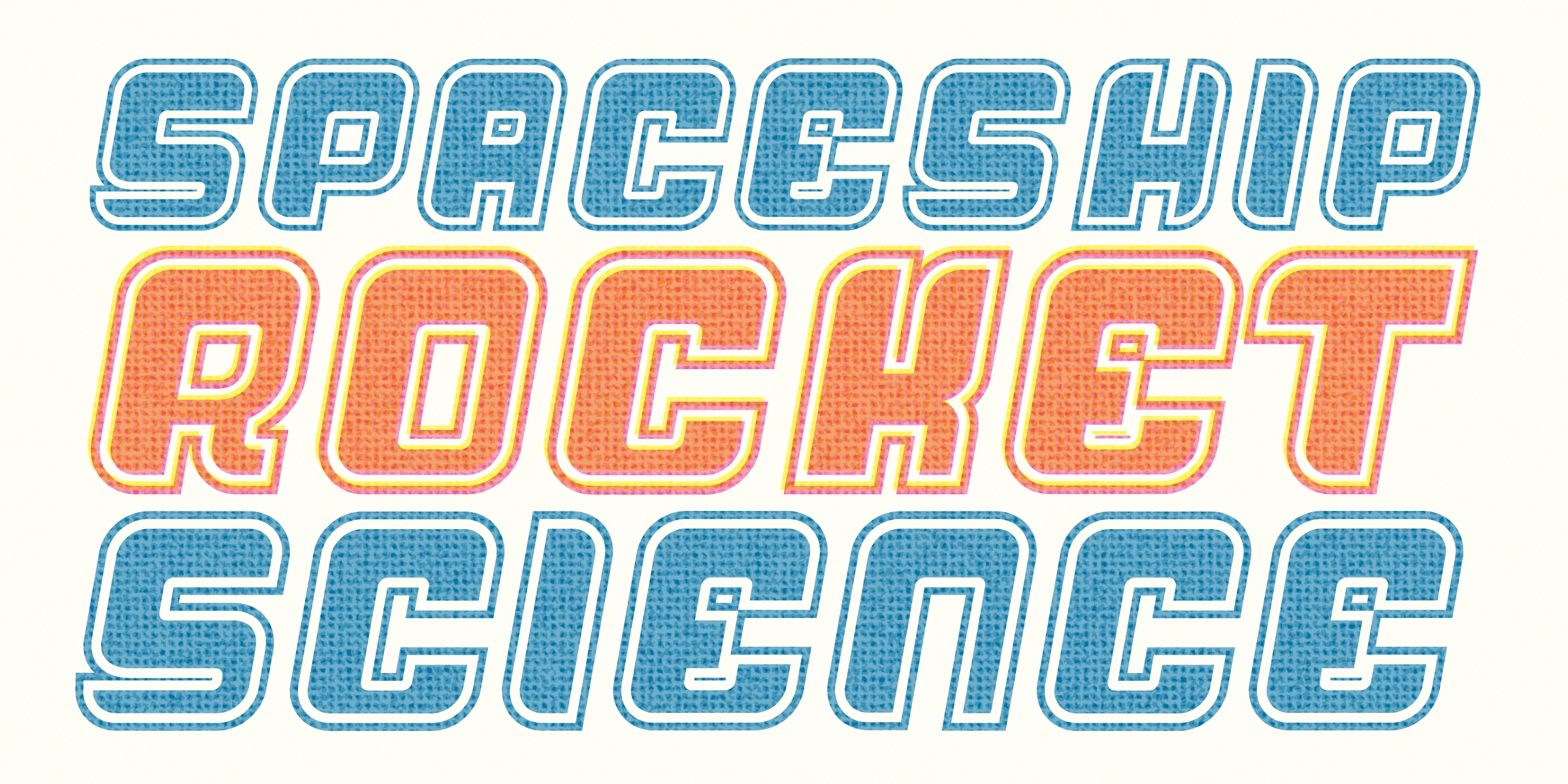 Alien Mushrooms font by Chank Co — the words SPACESHIP, ROCKET, and SCIENCE stacked in a retro, textured, oblique sans-serif typeface with multi-layered outlines in blue, orange, yellow, and pink