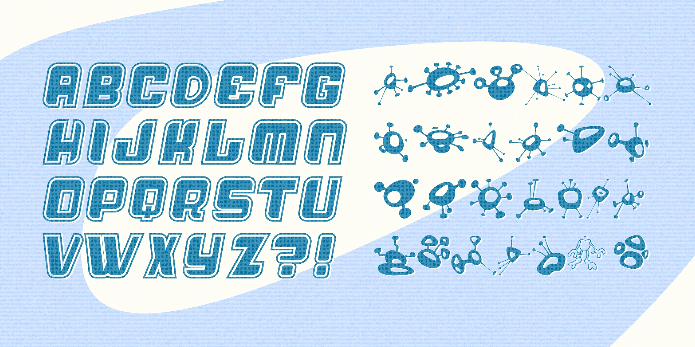Alien Mushrooms font by Chank Co — the uppercase alphabet from A to Z followed by a question mark and exclamation point in a blocky, textured, oblique sans-serif style, alongside a collection of retro-futuristic atomic and amoeba-like icons
