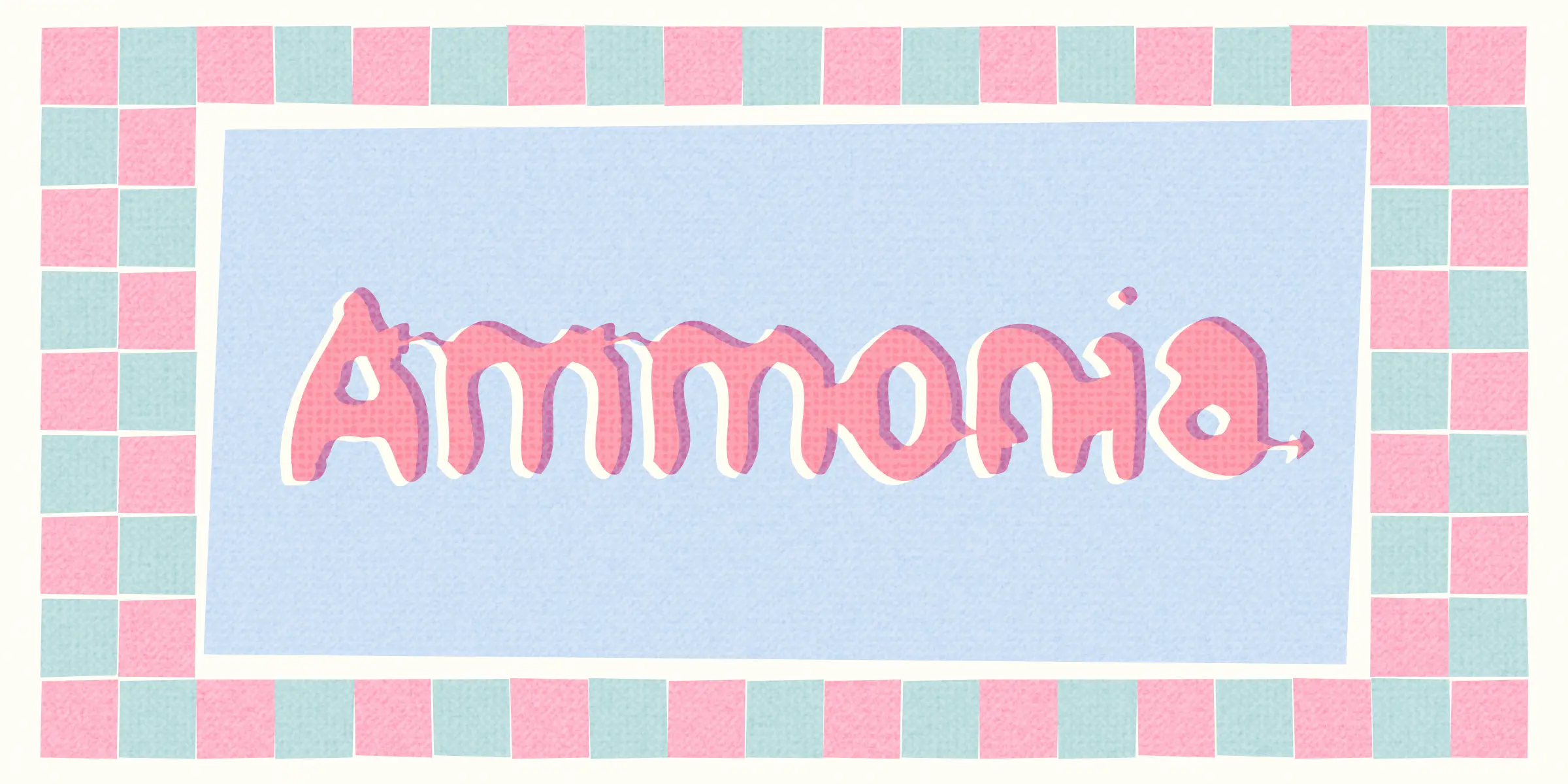 Ammonia font by Chank Co — the word “Ammonia” in pink, rounded, connected sans serif letters with a white outline and purple shadow, framed by a checkerboard pattern of pink and light blue squares