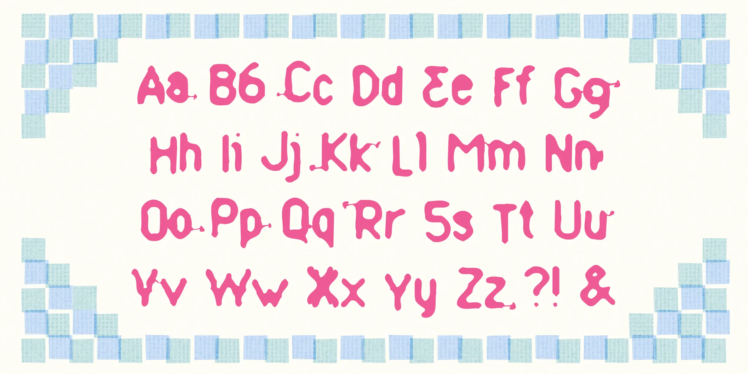 Ammonia font by Chank Co — the uppercase and lowercase alphabet, numbers 0-9, and punctuation in a bubbly, connected script, framed by a border of light blue and green squares