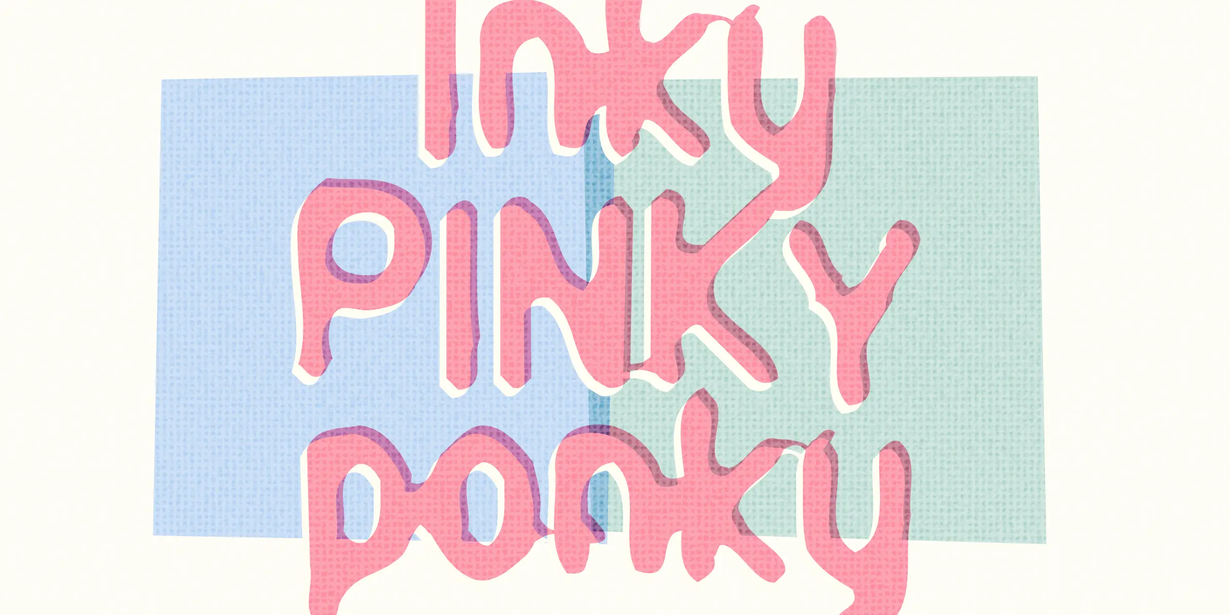 Ammonia font by Chank Co — the words “Inky Pinky Ponky” in rounded, connected, pink letterforms with a purple shadow, overlapping blue and green rectangles