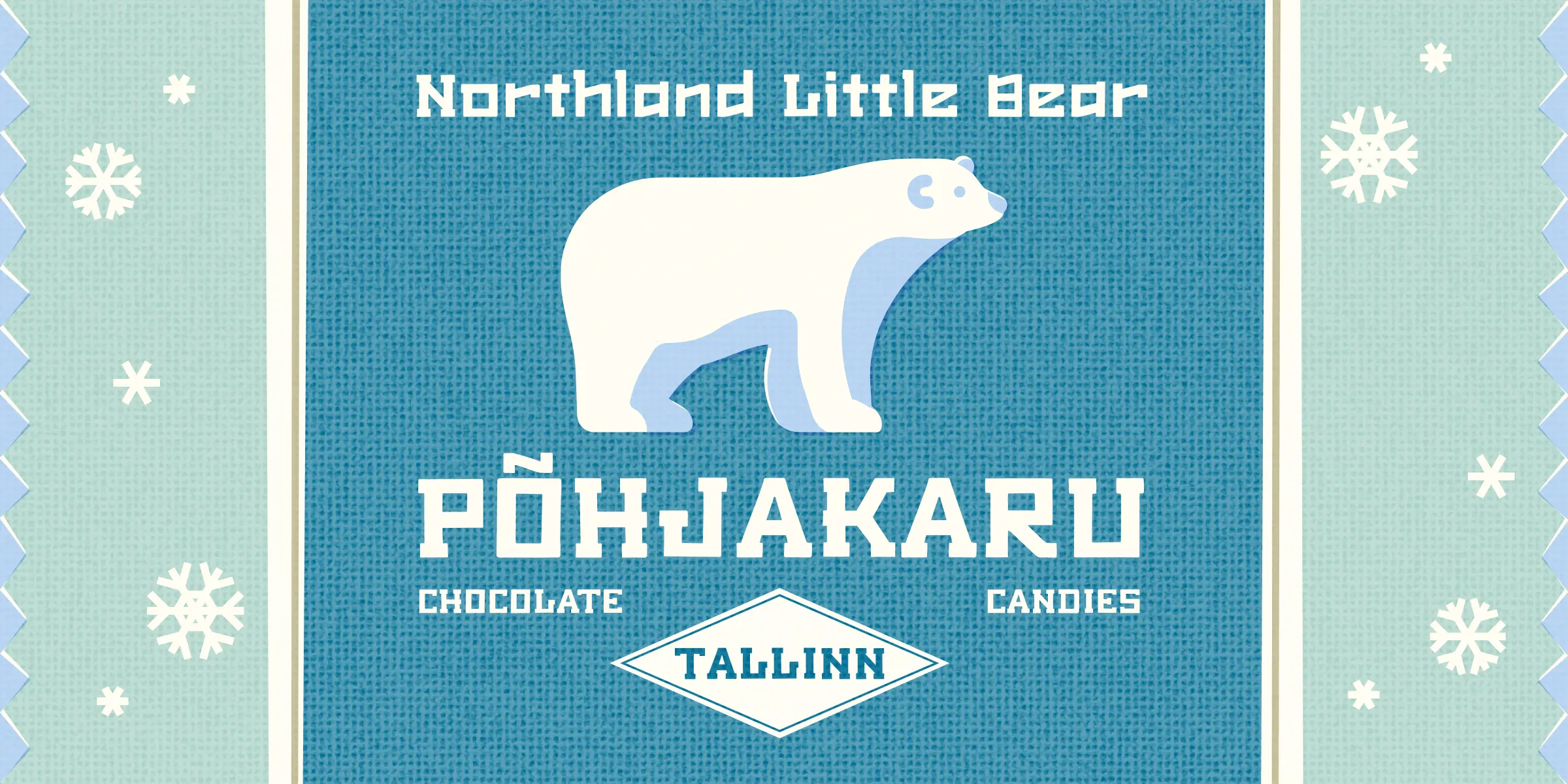 Arktika font by Chank Co — a polar bear illustration above the word “PÕHJAKARU” in blocky serif letters, with “Northland Little Bear” above and “CHOCOLATE” and “CANDIES” flanking a diamond shape with “TALLINN” inside, all on a textured blue background with snowflakes on the sides