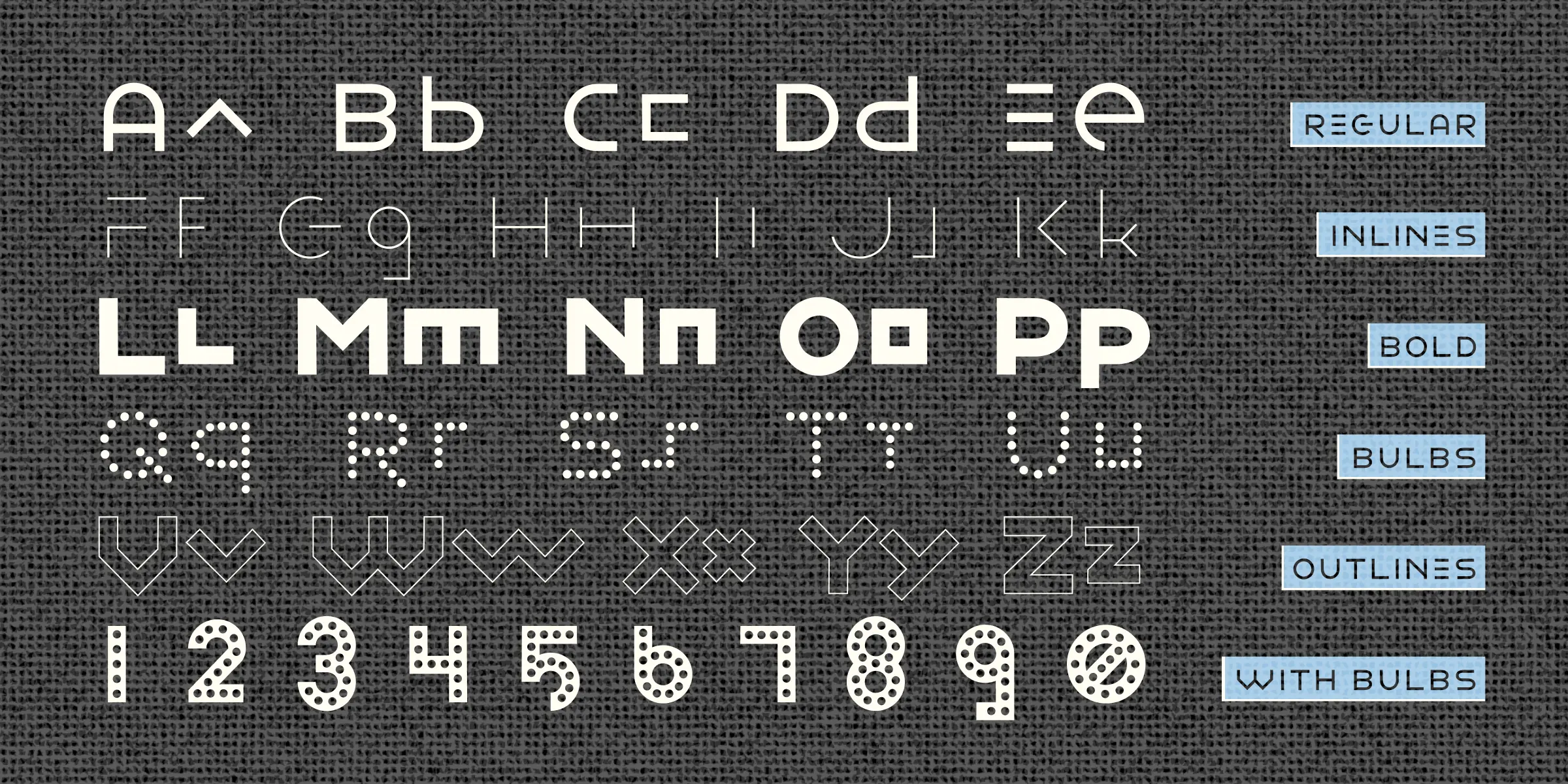 Ashtronaut font by Chank Co — a grid of uppercase and lowercase sans-serif letters and numbers in regular, inline, bold, bulb, and outline styles, with labels for each style
