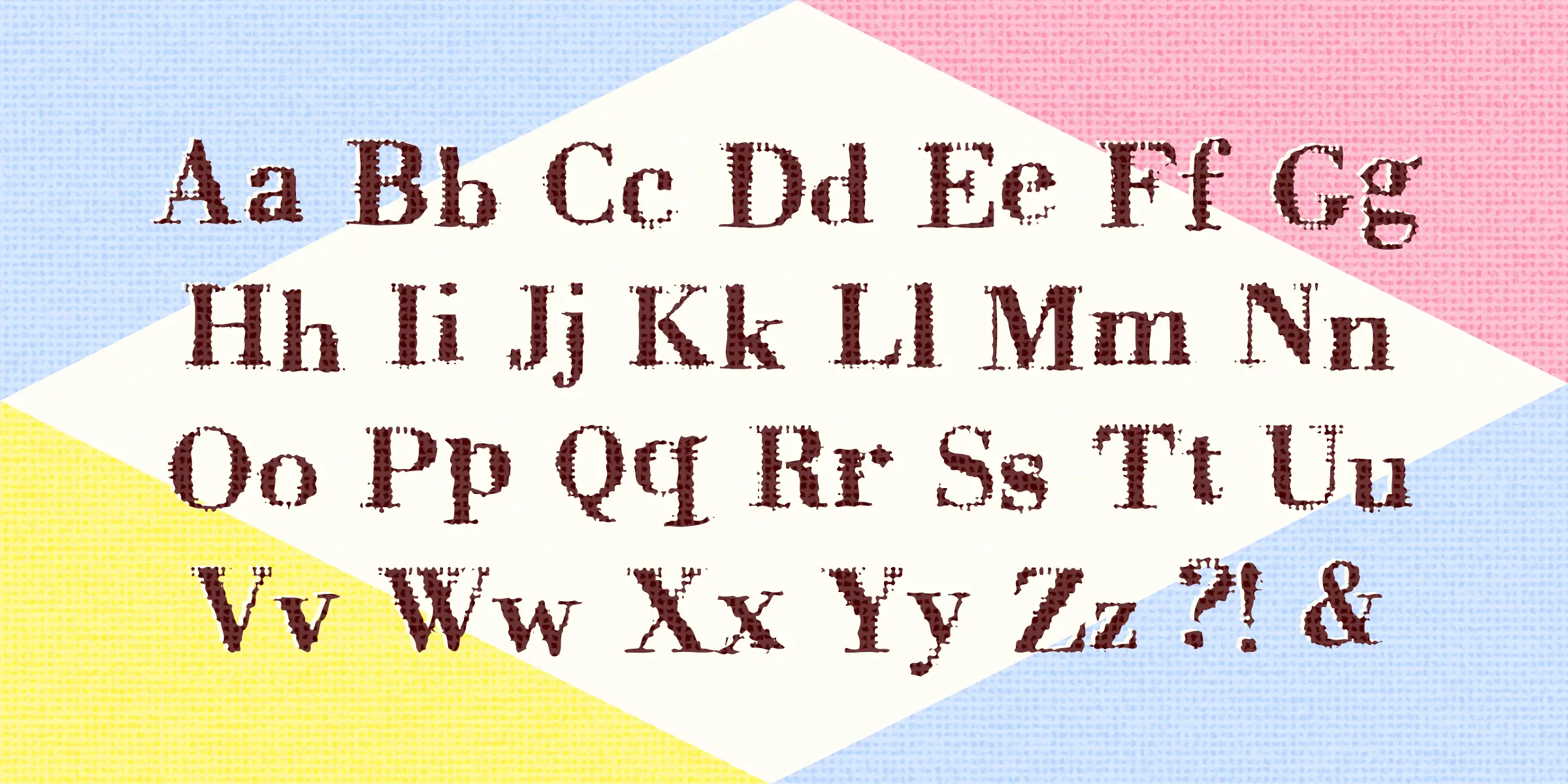 Badoni font by Chank Co — the complete Latin alphabet in uppercase and lowercase, plus a question mark, exclamation point, and ampersand, all in a distressed serif style.
