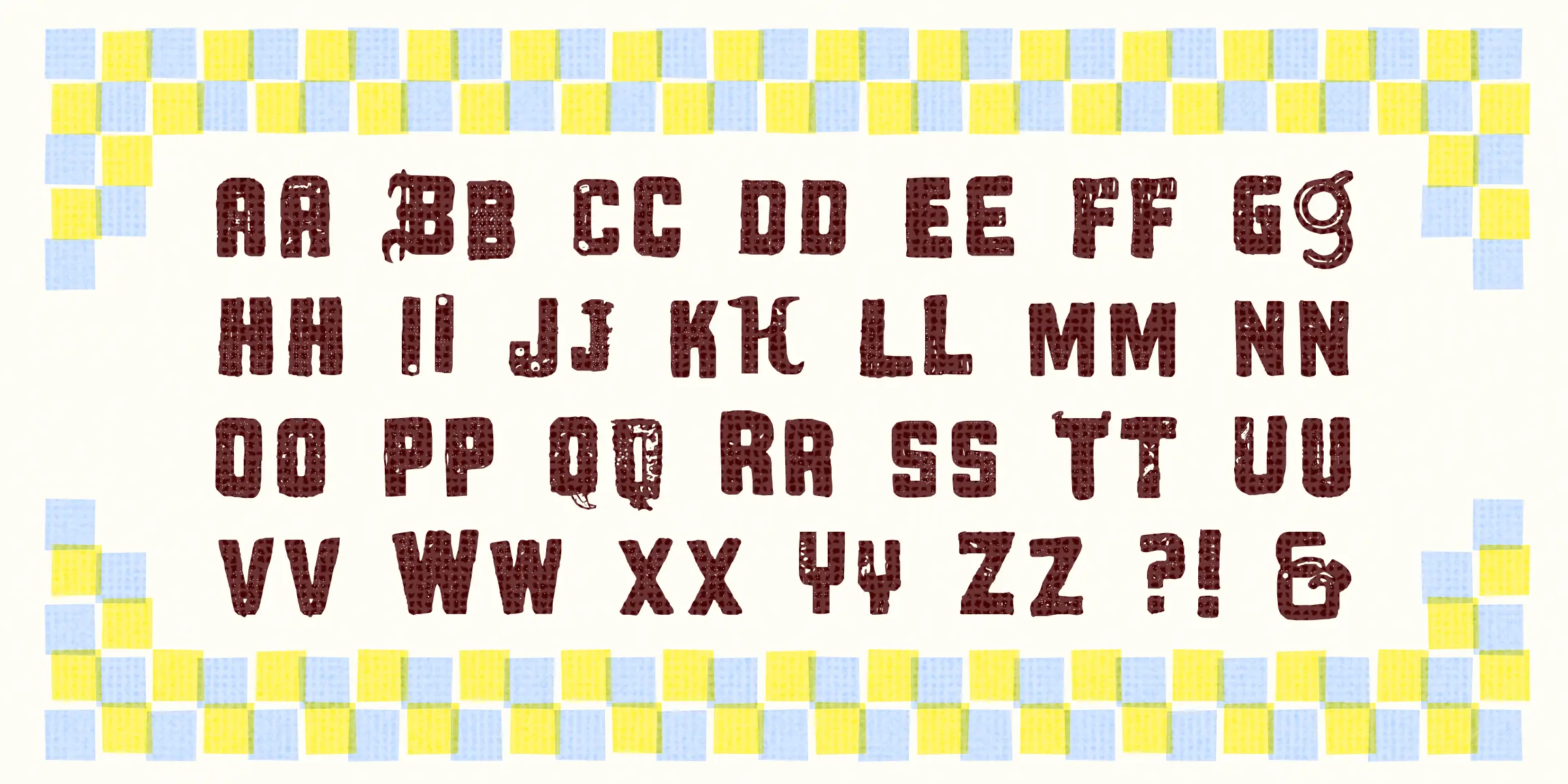 Ballers Delight font by Chank Co — a checkerboard border of light blue and yellow squares surrounds a display of all uppercase letters A through Z, plus a lowercase g, question mark, exclamation point, and ampersand, all in a textured, dark brown, sans-serif style