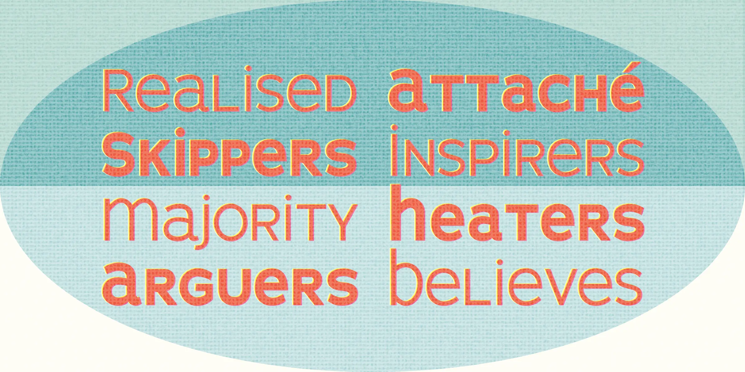 BigSmalls font by Chank Co — the words “REALISED ATTACHÉ SKIPPERS INSPIRERS MAJORITY HEATERS ARGUERS BELIEVES” in sans-serif upright letters, with some words in all caps and others in title case