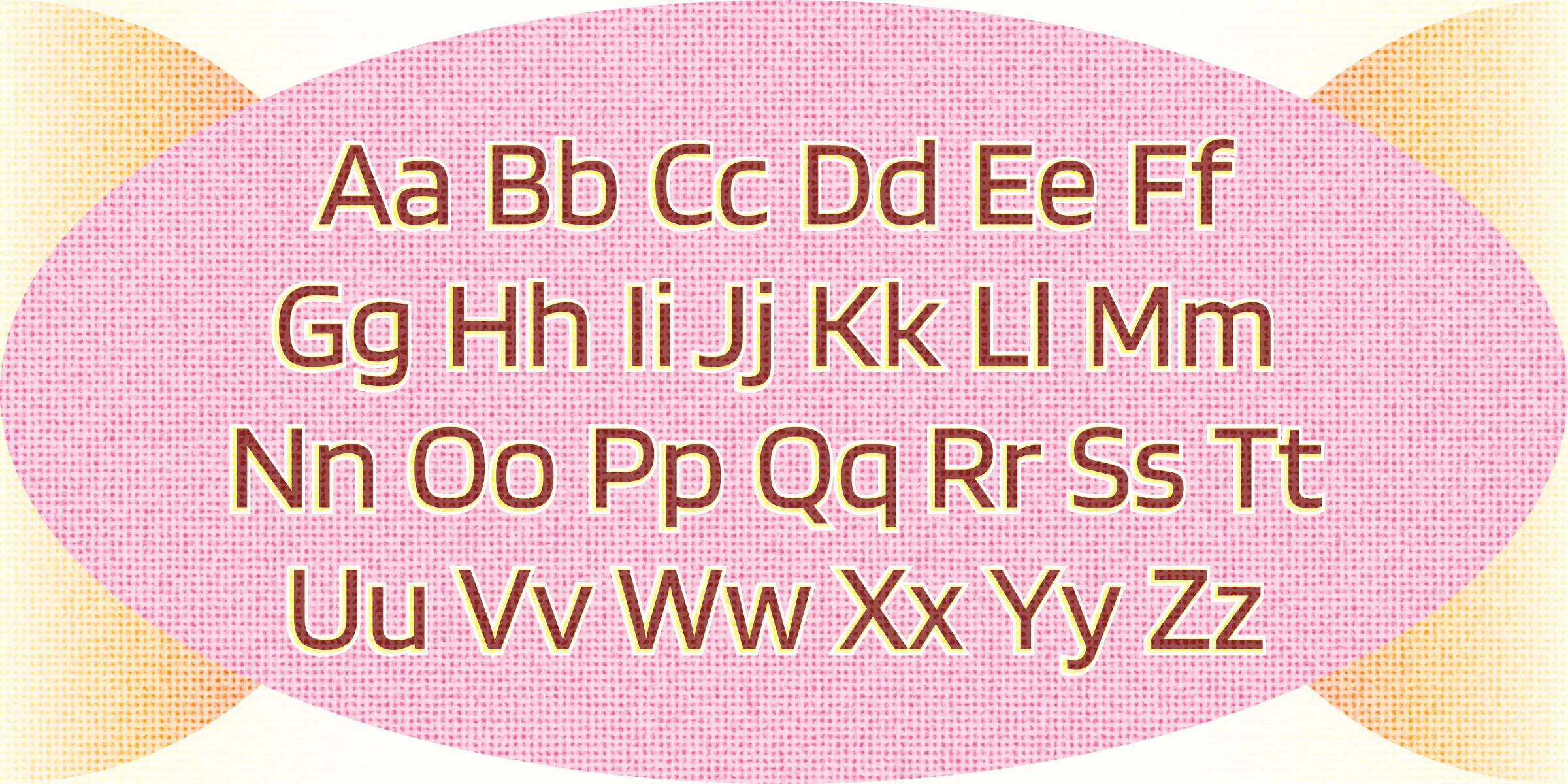 Blinkers font by Chank Co — the upright sans serif alphabet from A to Z, in pairs of uppercase and lowercase letters, with a brown fill and yellow outline