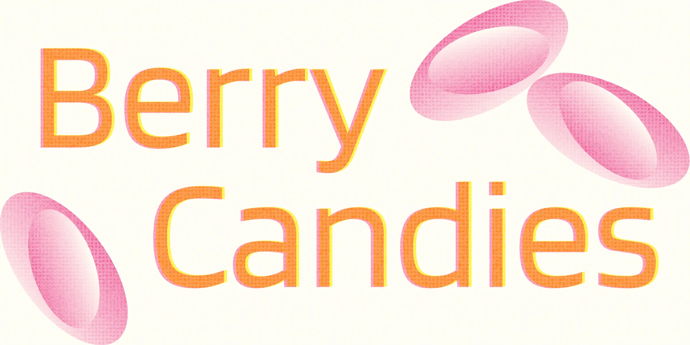 Blinkers font by Chank Co — the words “Berry Candies” in orange sans serif letters with a yellow and pink shadow effect, surrounded by three pink oval shapes