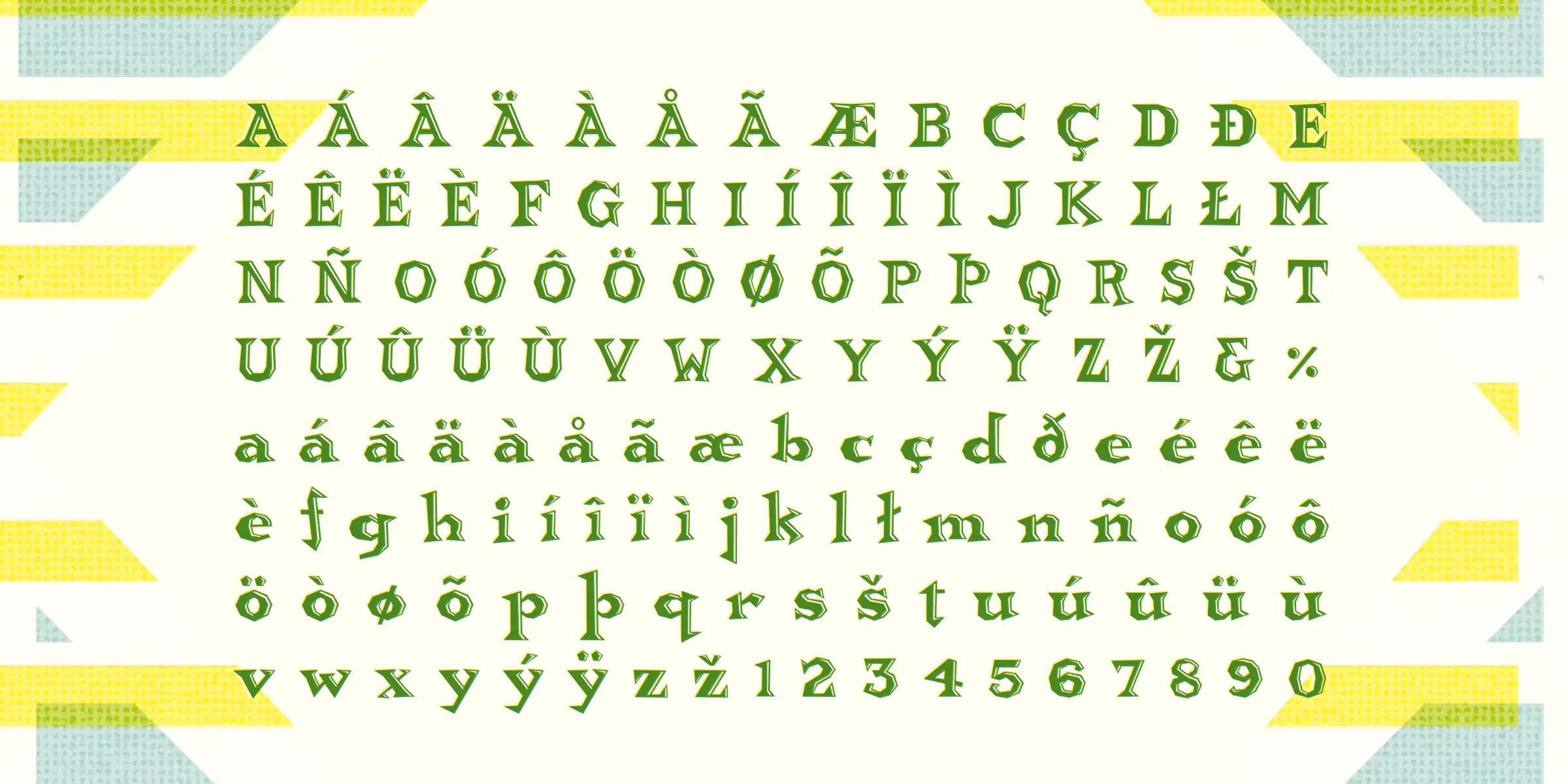 Brainhead font by Chank Co — a character set of green uppercase, lowercase, and numbers with a jagged, angular, sans-serif appearance.