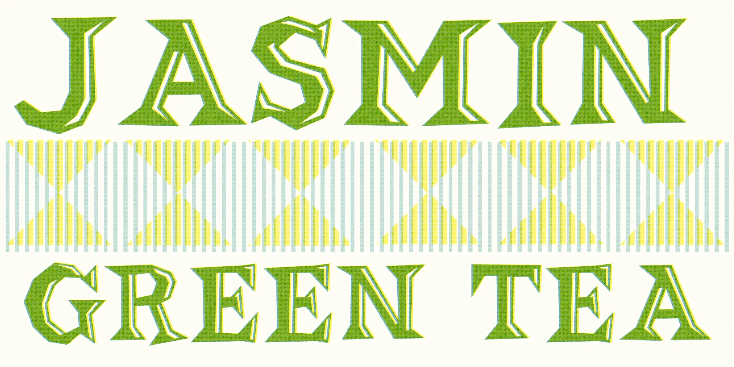 Brainhead font by Chank Co — the words “JASMIN” and “GREEN TEA” in a green sans-serif display font with a yellow outline, separated by a band of vertical stripes and diamond shapes