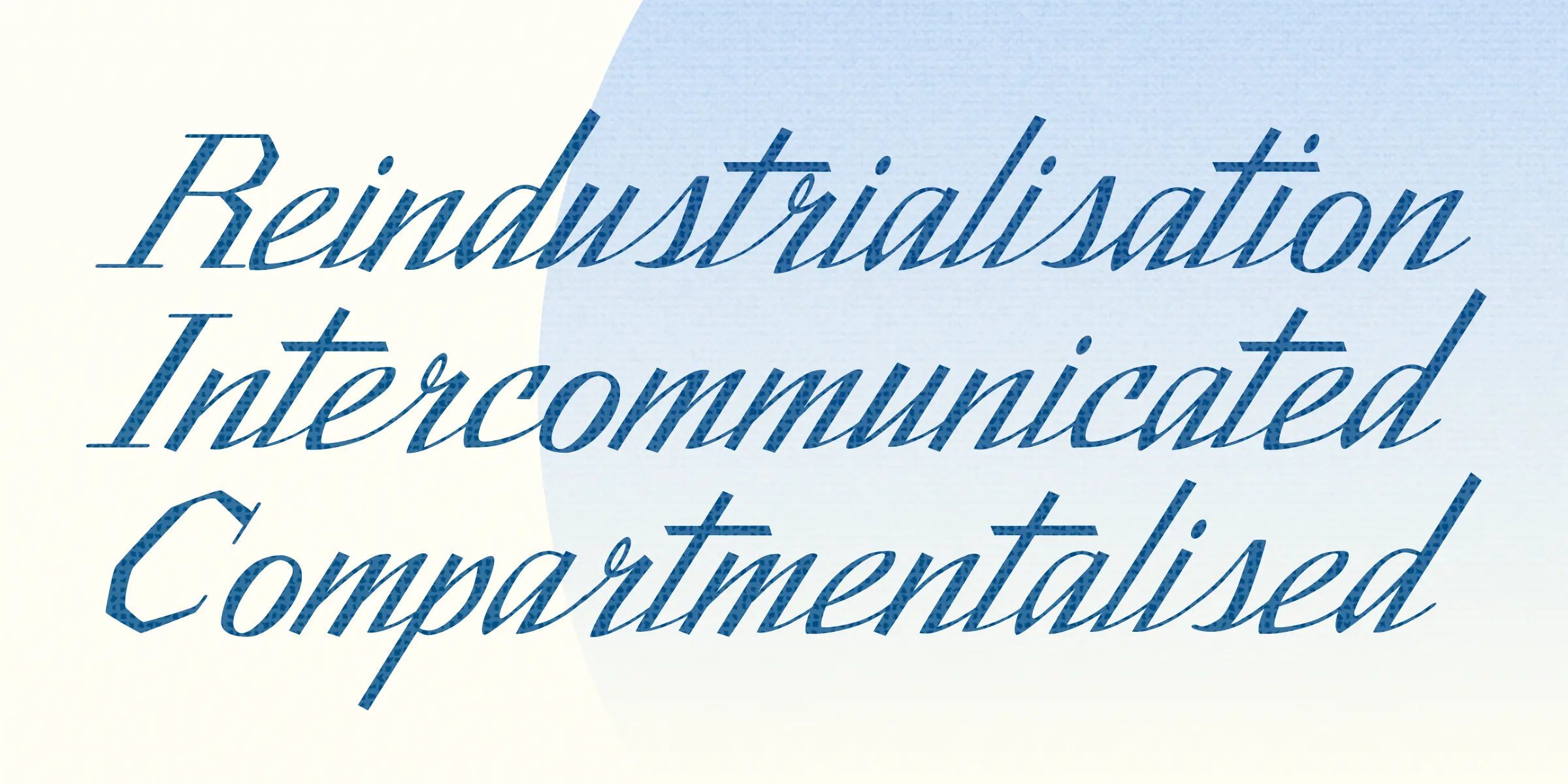 Brimley font by Chank Co — the words “Reindustrialisation”, “Intercommunicated”, and “Compartmentalised” in blue, textured, high-contrast italic serif letters with connecting strokes