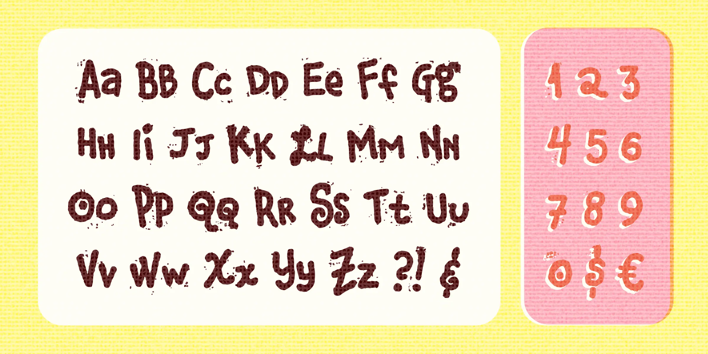 Corndog font by Chank Co — a full alphabet of chunky, textured, upright letters in dark brown, with a separate panel of numbers and currency symbols in a similar style but lighter color
