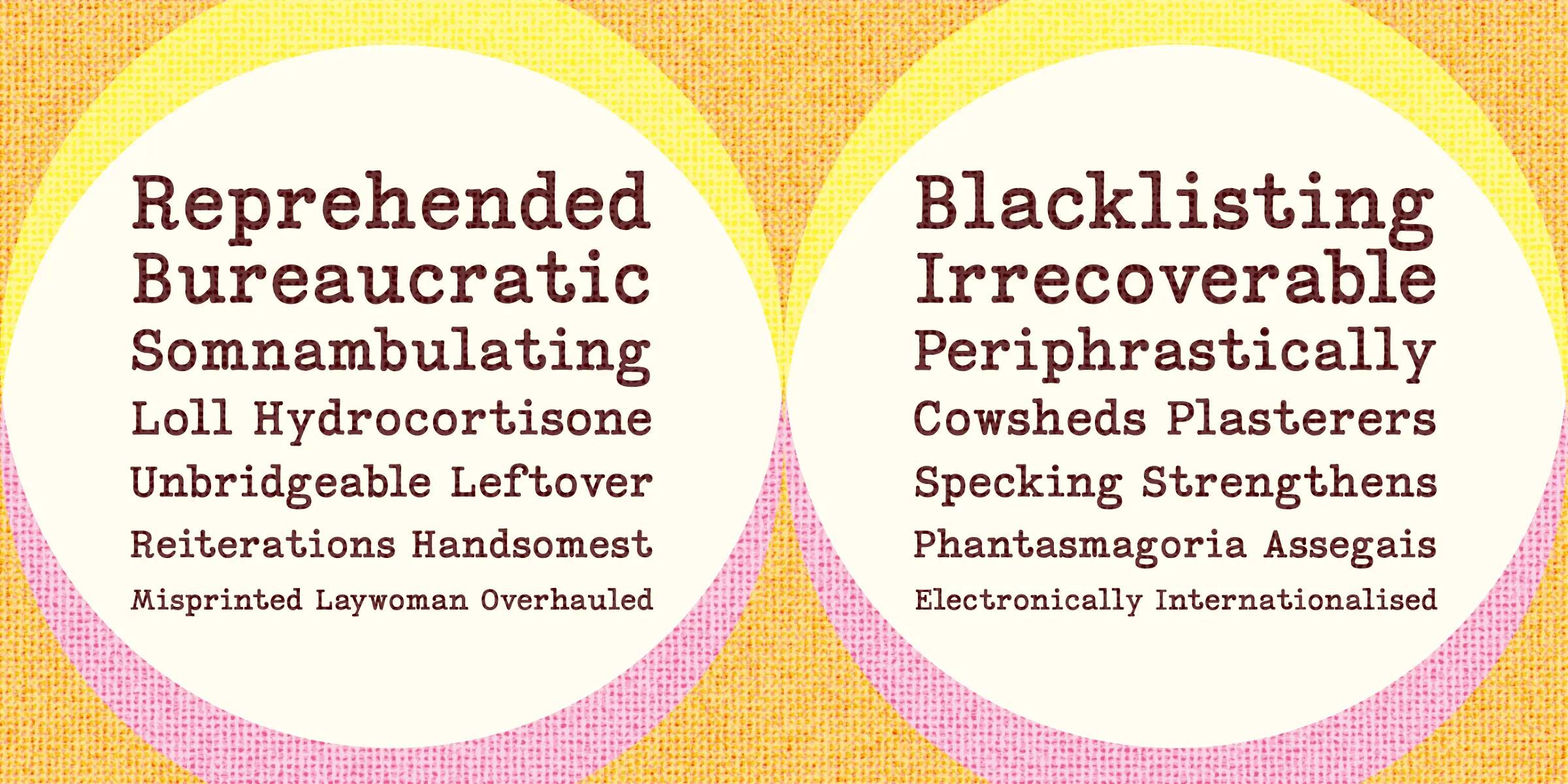 Coronette font by Chank Co — two white ovals containing lists of upright serif words in brown, on a textured background of yellow and pink arcs