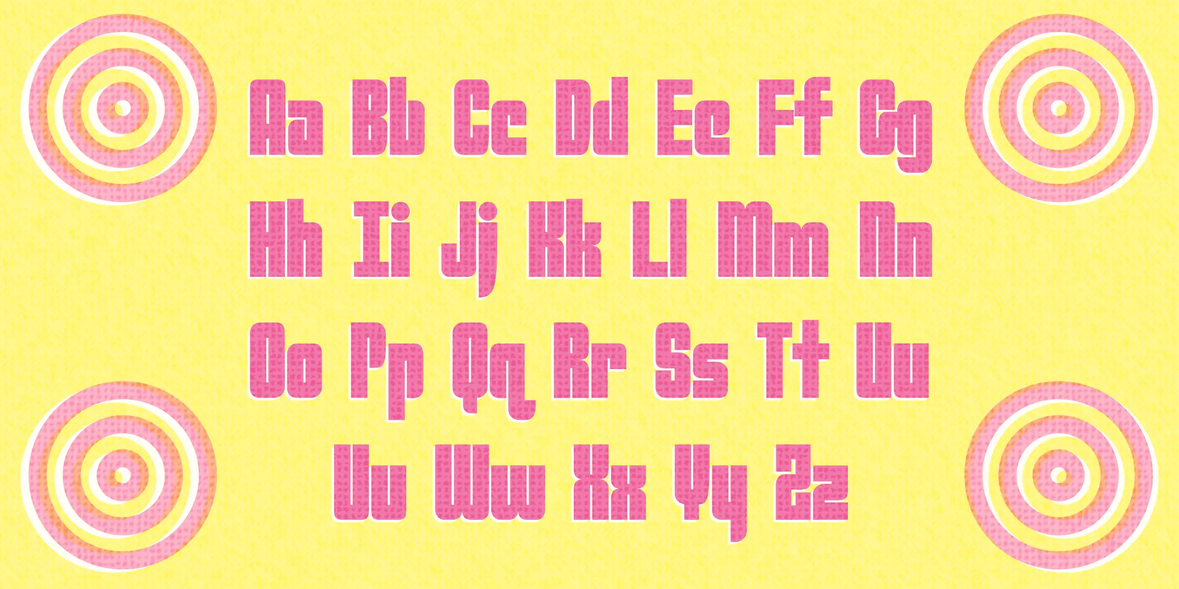 Cosmic font by Chank Co — the complete Latin alphabet in uppercase and lowercase, in a chunky sans-serif with hairline negative space, flanked by four concentric circles in the corners