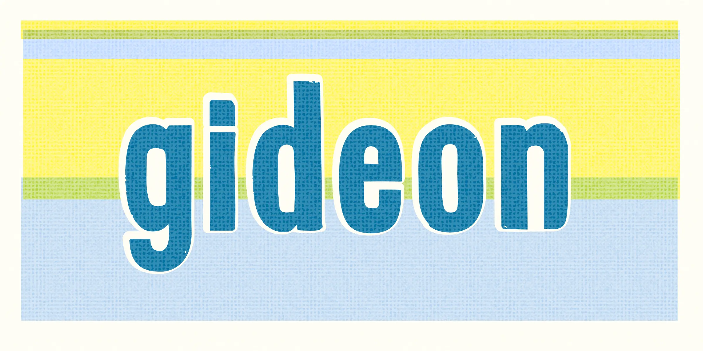 Gideon font by Chank Co — the word “gideon” in blue sans-serif letters with rounded corners and a white outline, on a background of horizontal yellow, blue, and green stripes