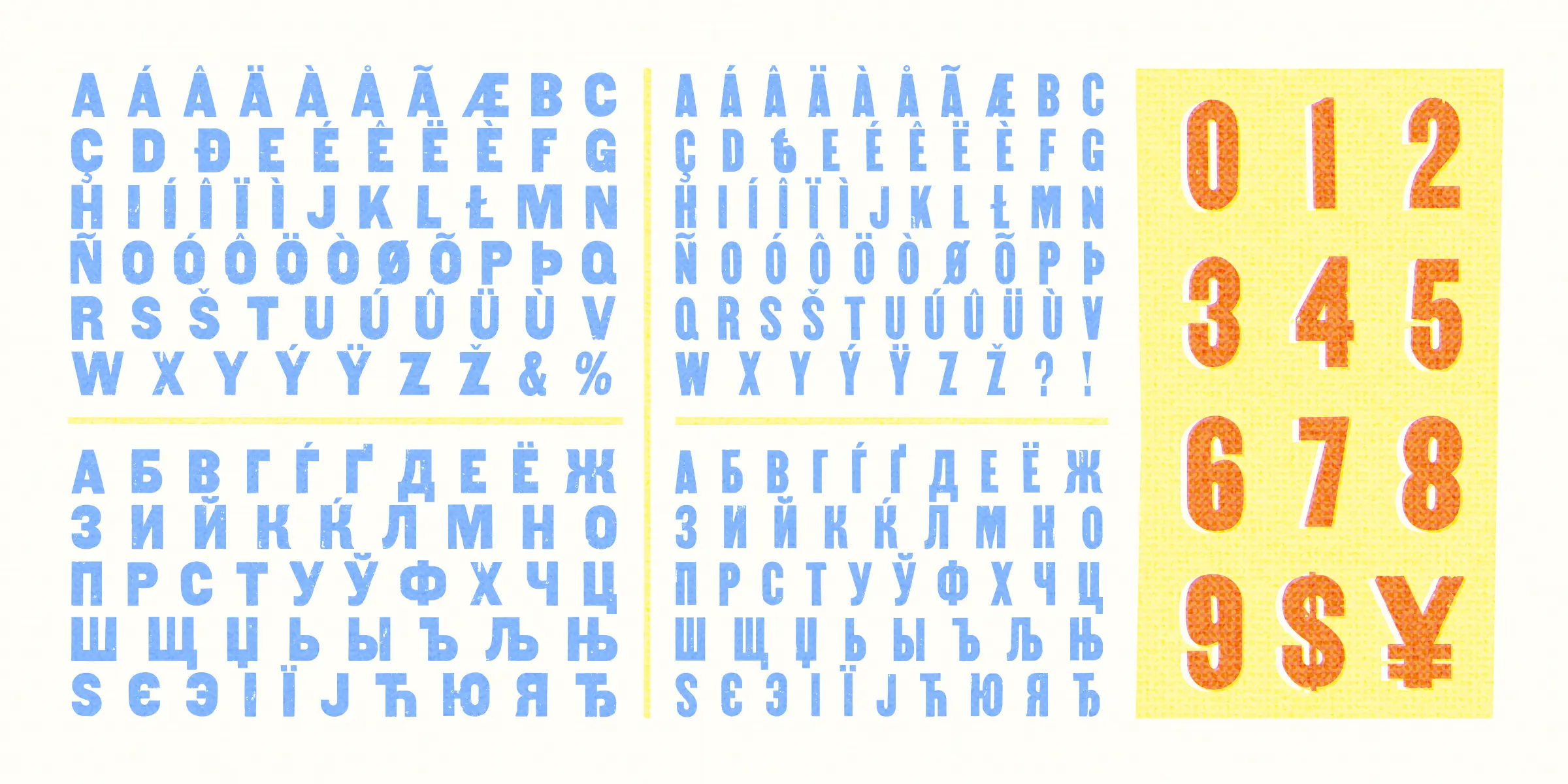 Goshen font by Chank Co — a grid of blue Latin and Cyrillic alphabet characters, with a column of orange numbers and currency symbols on the right