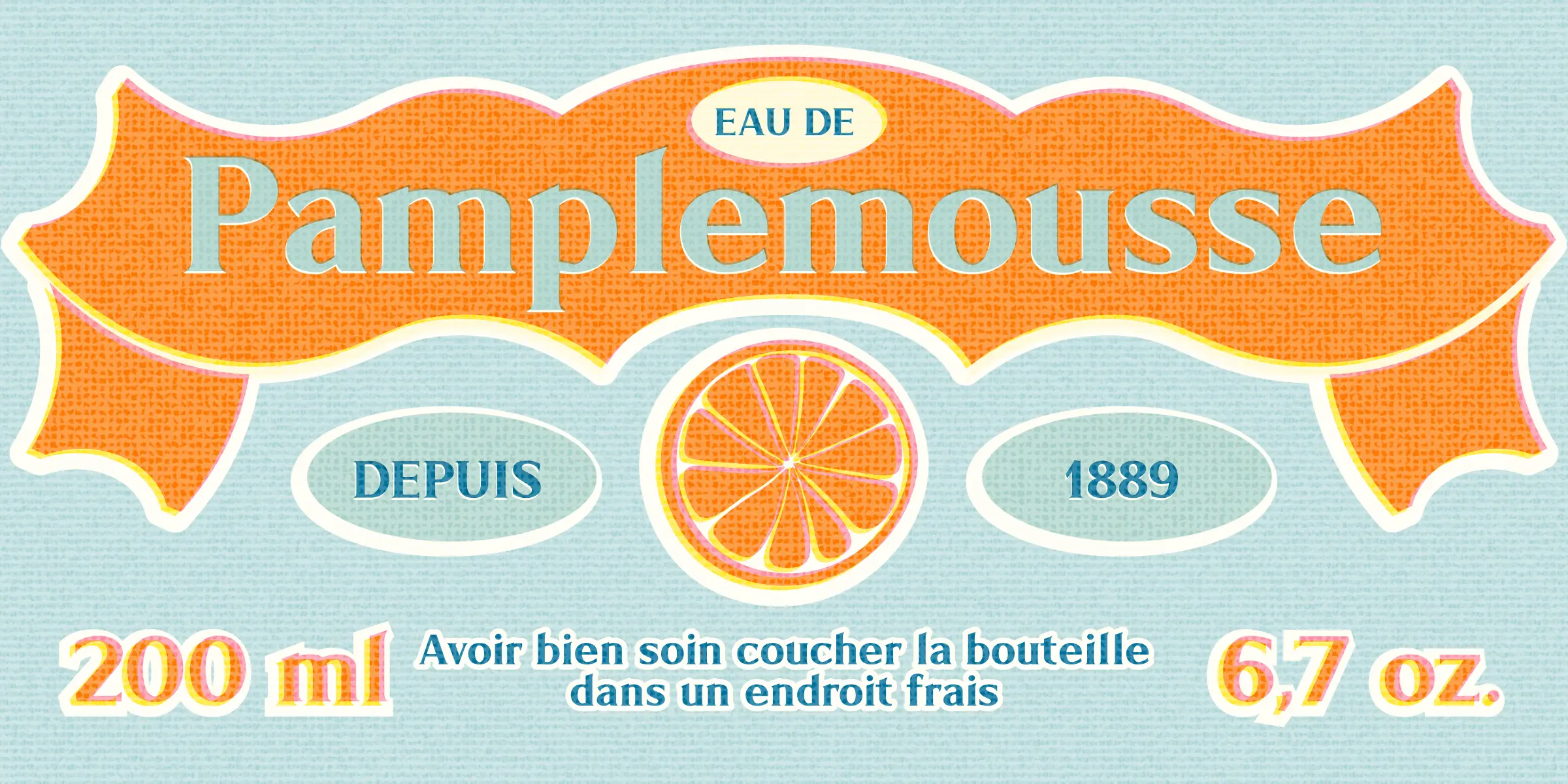 Limonata font by Chank Co — the words “EAU DE Pamplemousse” in a textured orange banner, with “DEPUIS” and “1889” in ovals flanking a grapefruit slice icon, and “200 ml” and “6,7 oz.” with a French phrase below